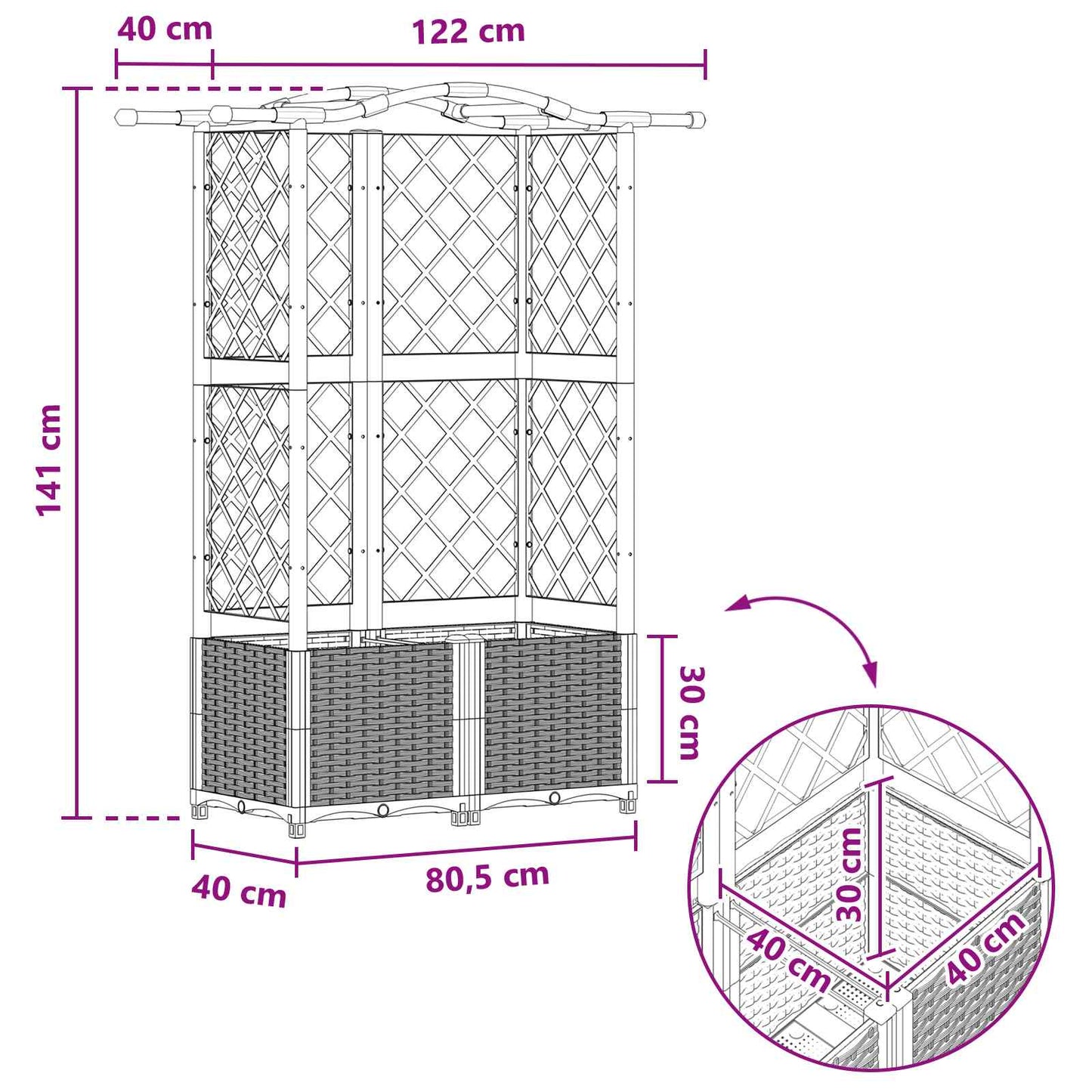 Hevet Bed med Trellis og Tak Svart 122 x 40 x 138 cm PP