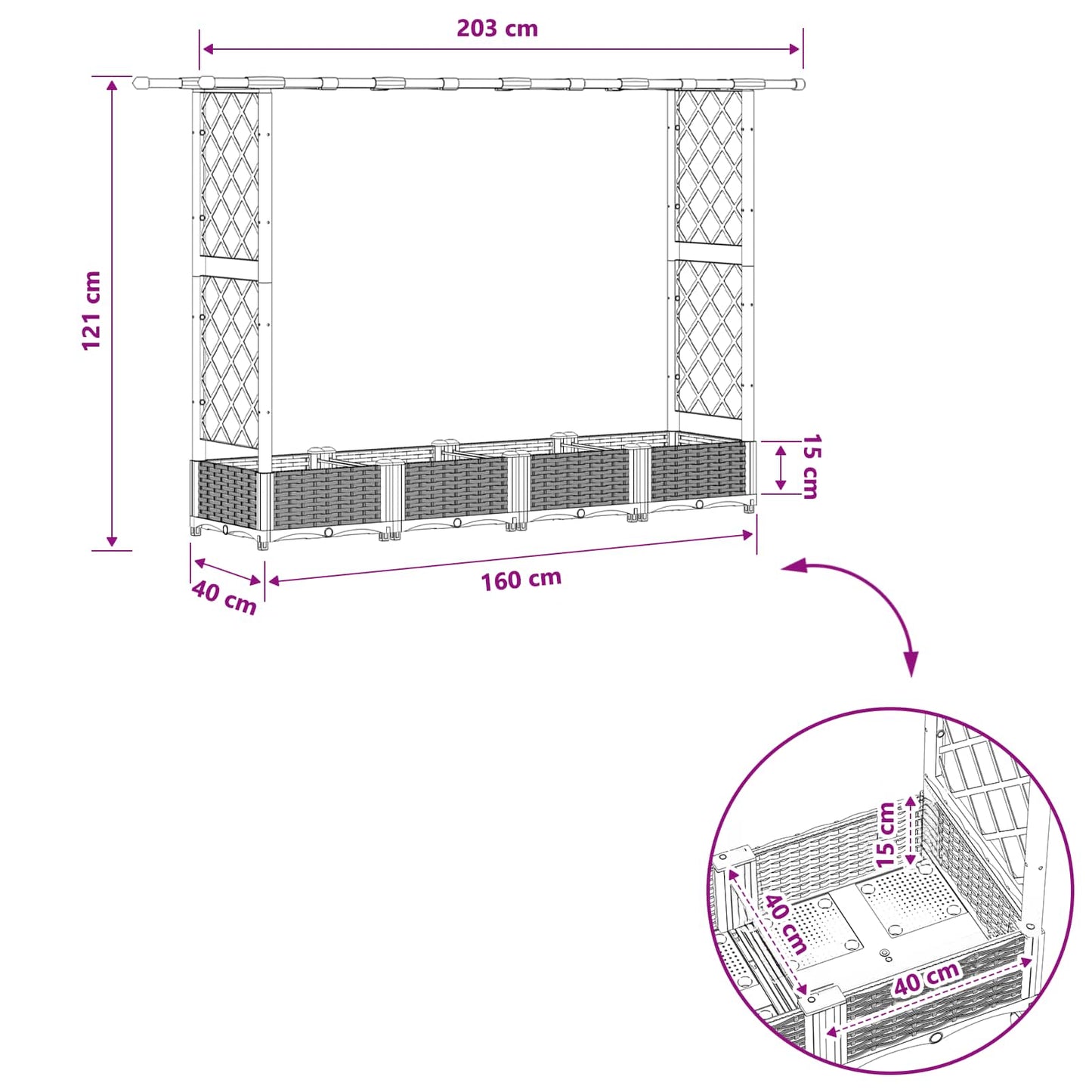 Hevet Bed med Trellis og Tak Svart 203 x 40 x 123 cm PP