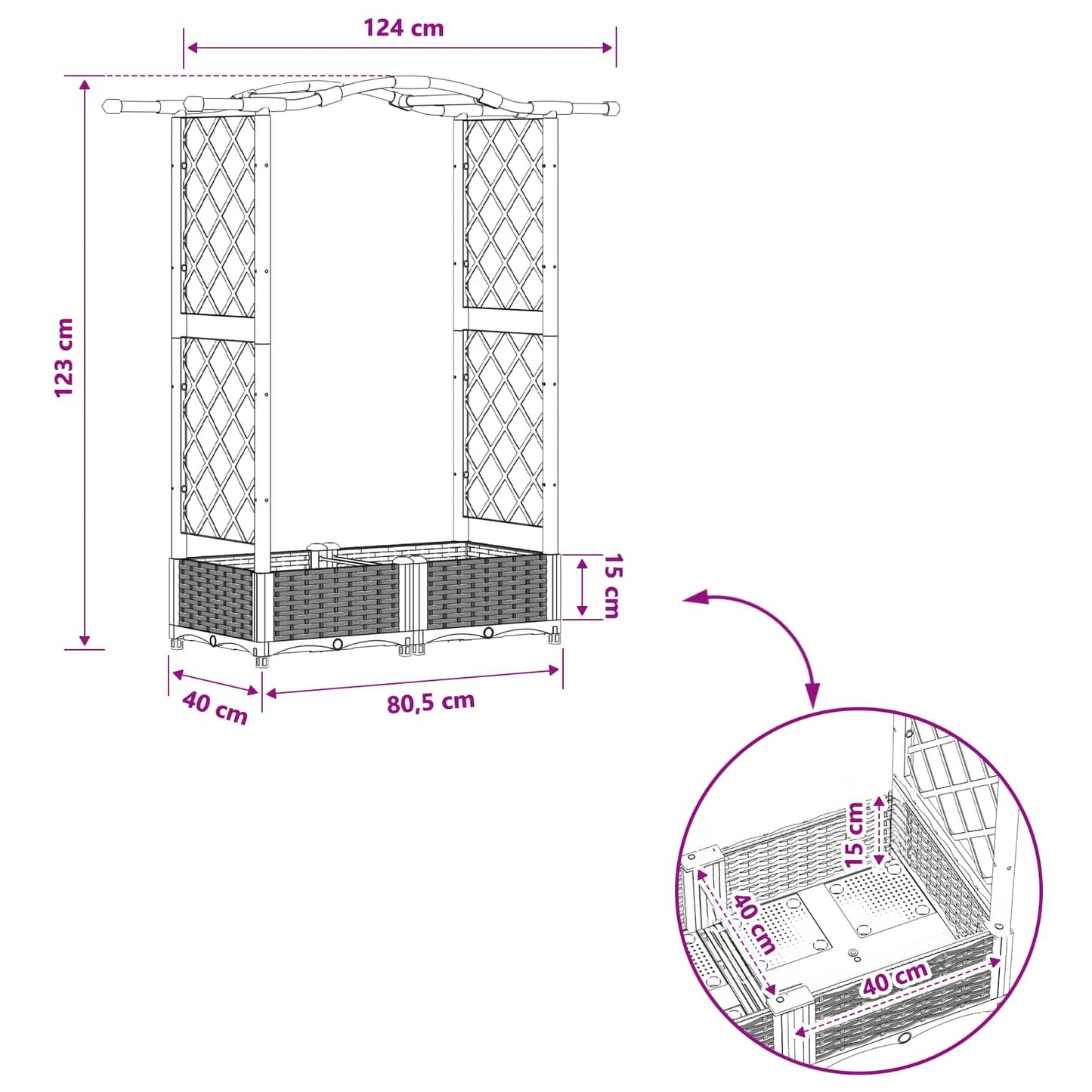 Hevet Bed med Trellis og Tak Grå 124 x 40 x 125 cm PP