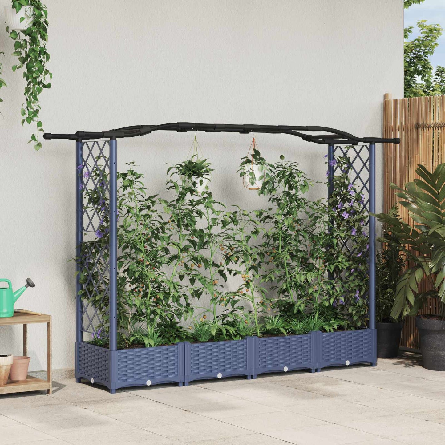 Hevet Bed med Trellis og Tak Grå 207 x 40 x 126 cm PP
