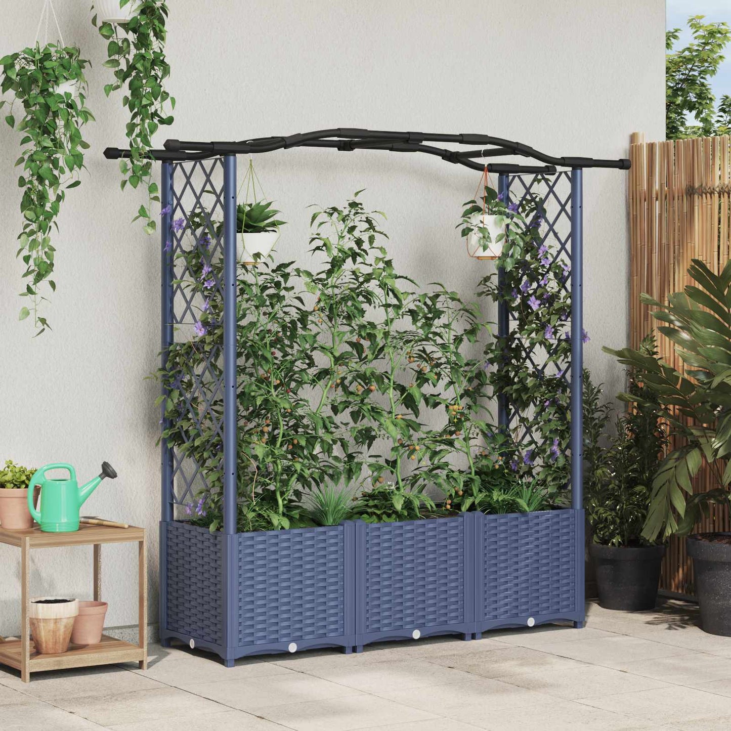 Hevet Bed med Trellis og Tak Grå 164 x 40 x 142 cm PP
