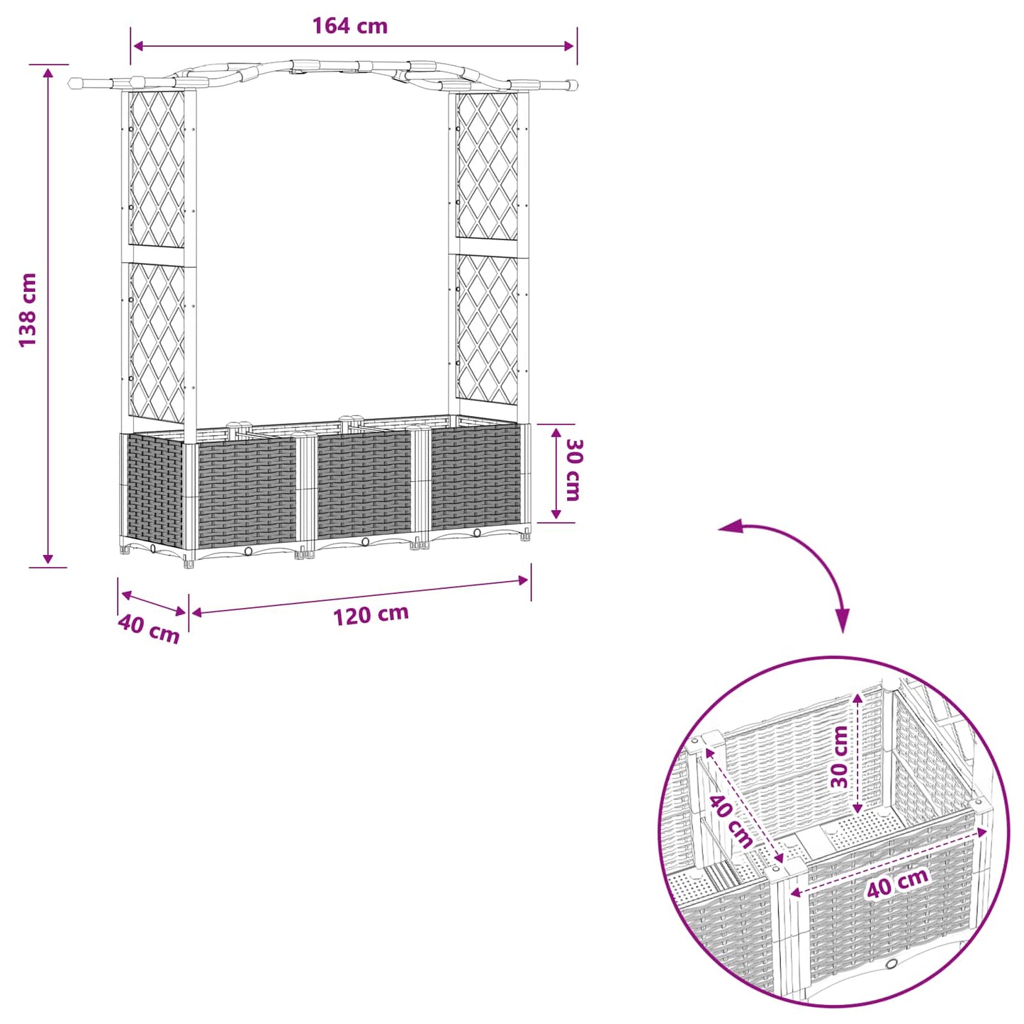 Hevet Bed med Trellis og Tak Grå 164 x 40 x 142 cm PP