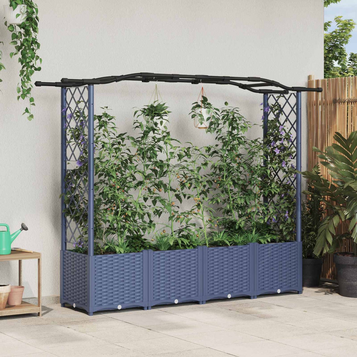Hevet Bed med Trellis og Tak Grå 204 x 40 x 141 cm PP