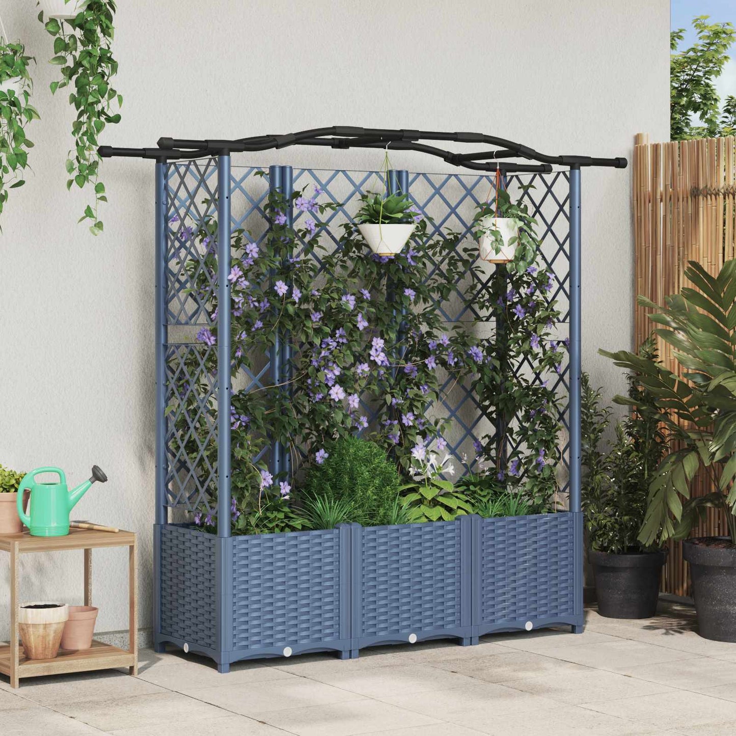 Hevet Bed med Trellis og Tak Grå 163 x 40 x 138 cm PP