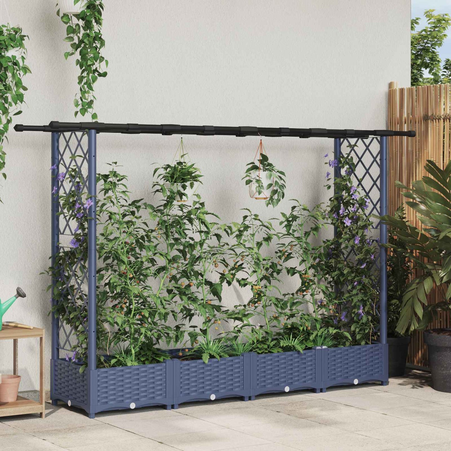 Hevet Bed med Trellis og Tak Grå 203 x 40 x 123 cm PP