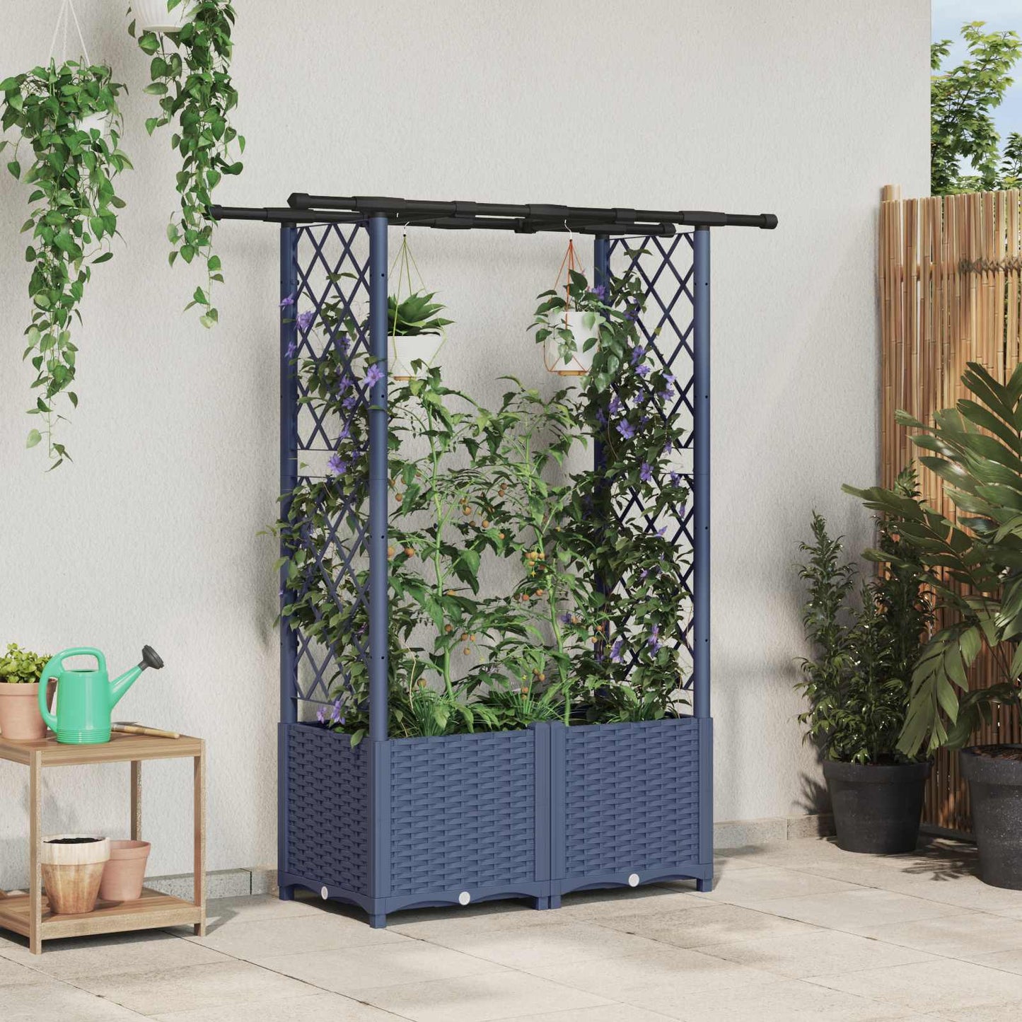 Hevet Bed med Trellis og Tak Grå 124,5 x 40 x 138 cm PP