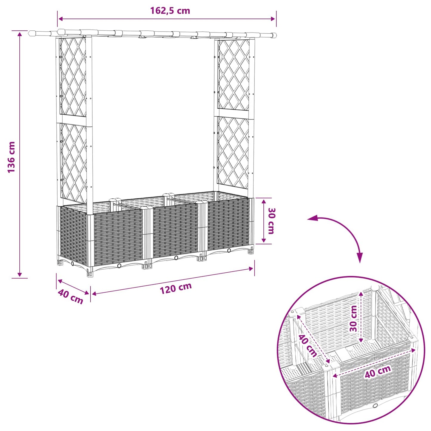 Hevet Bed med Trellis og Tak Grå 162,5 x 40 x 138 cm PP
