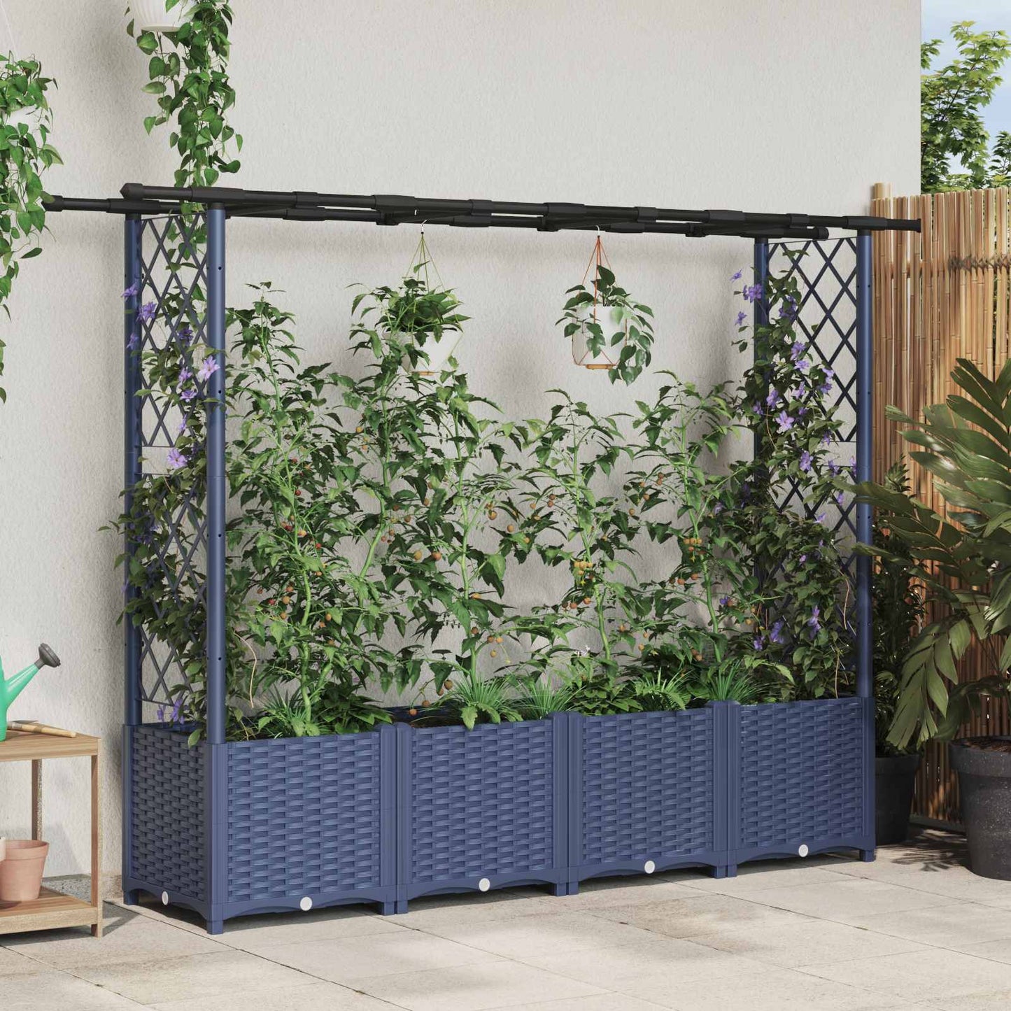 Hevet Bed med Trellis og Tak Grå 203 x 40 x 138 cm PP