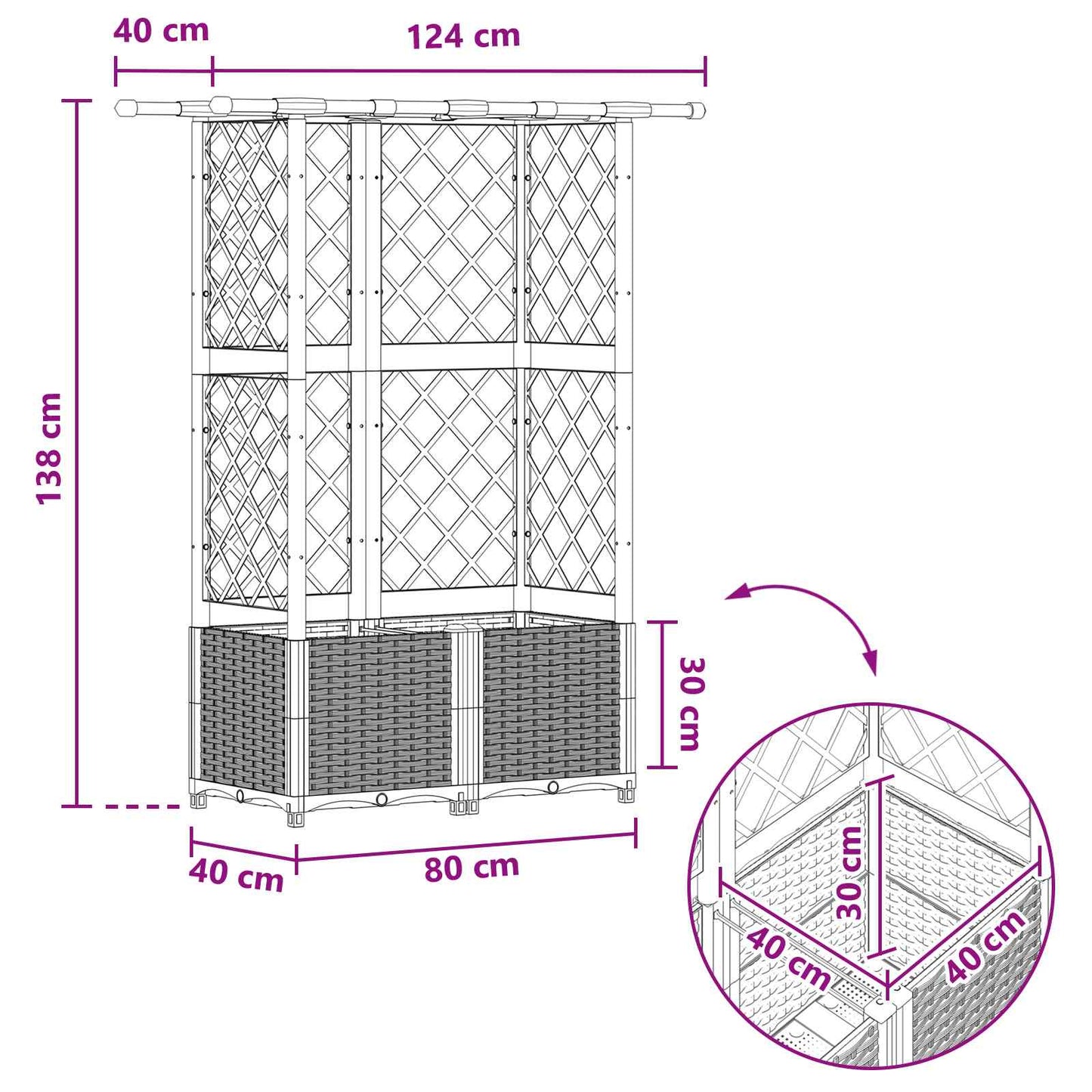 Hevet Bed med Trellis og Tak Grå 124 x 40 x 138 cm PP