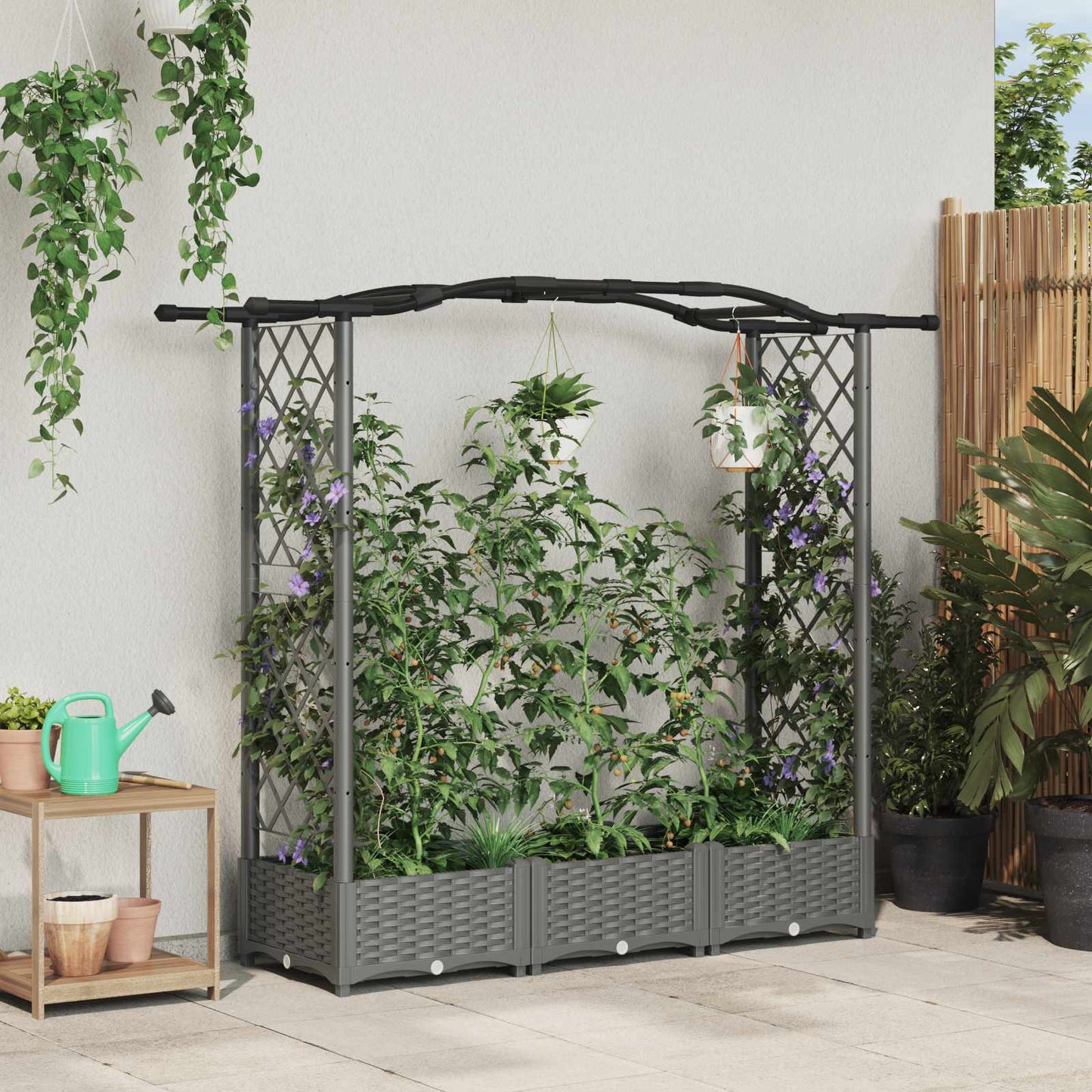 Hevet Bed med Trellis og Tak Lysegrå 169 x 40 x 125 cm PP