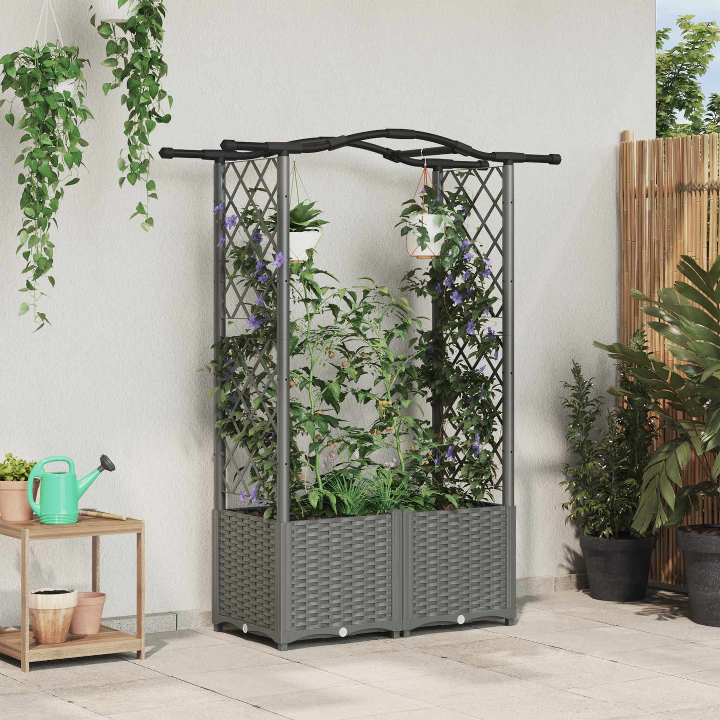 Hevet Bed med Trellis og Tak Lysegrå 125 x 40 x 138 cm PP