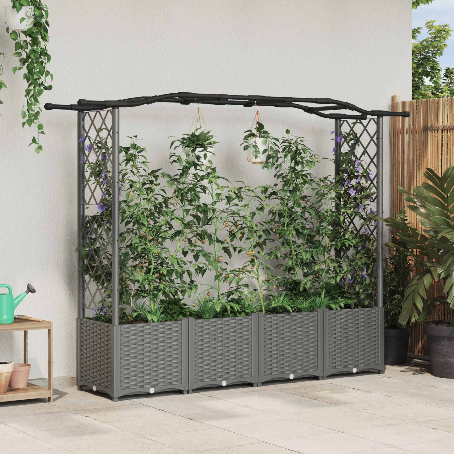 Hevet Bed med Trellis og Tak Lysegrå 204 x 40 x 141 cm PP
