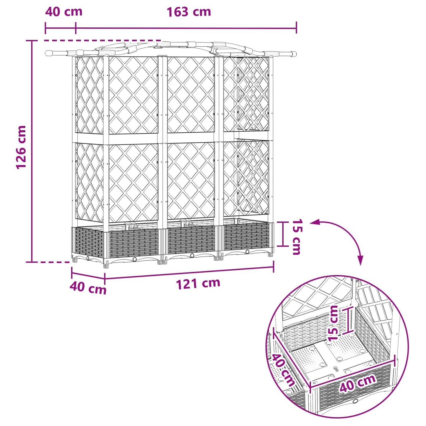 Hevet Bed med Trellis og Tak Lysegrå 163 x 40 x 123 cm PP