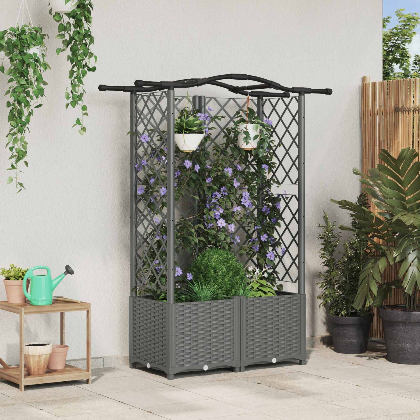 Hevet Bed med Trellis og Tak Lysegrå 122 x 40 x 138 cm PP