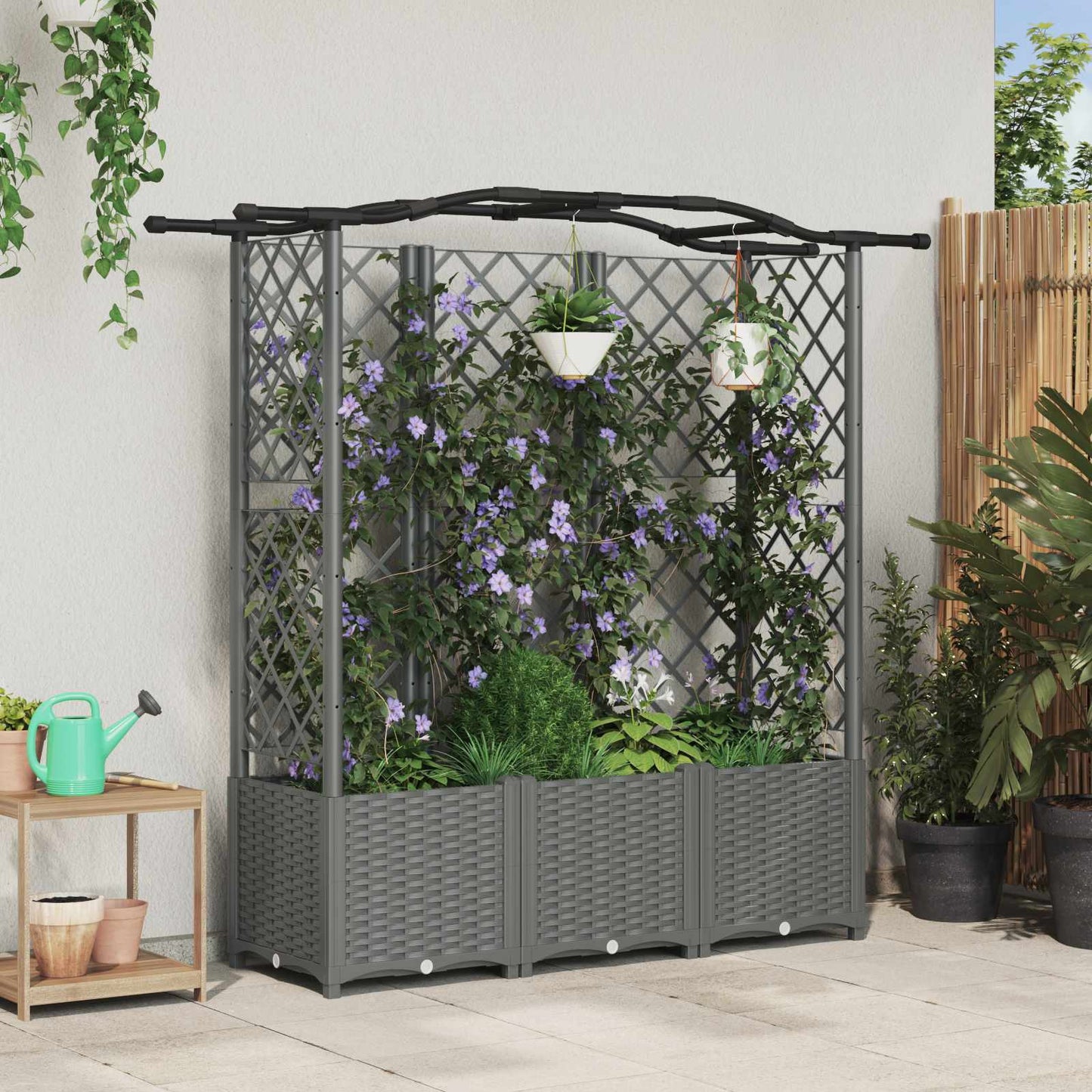 Hevet Bed med Trellis og Tak Lysegrå 163 x 40 x 138 cm PP