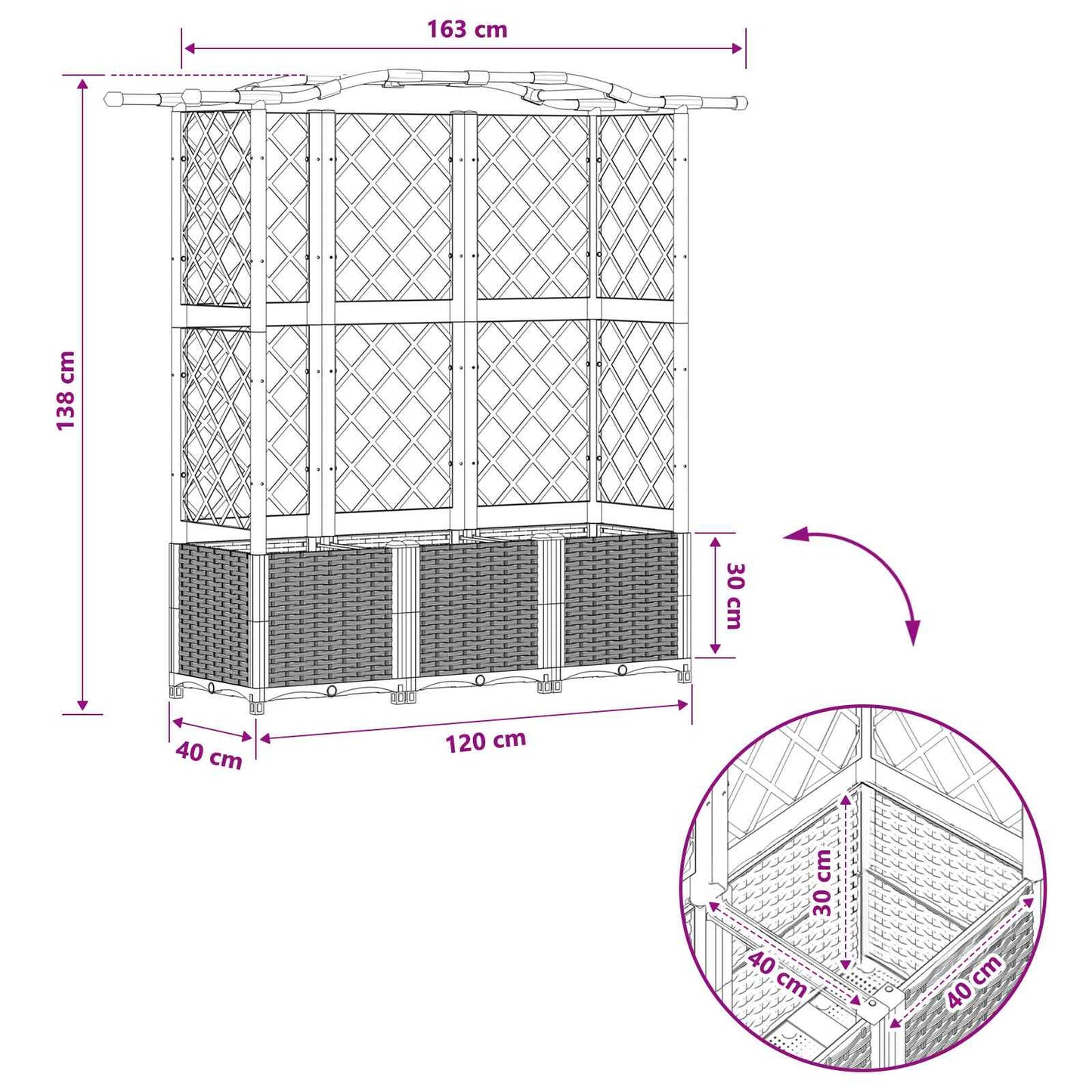 Hevet Bed med Trellis og Tak Lysegrå 163 x 40 x 138 cm PP