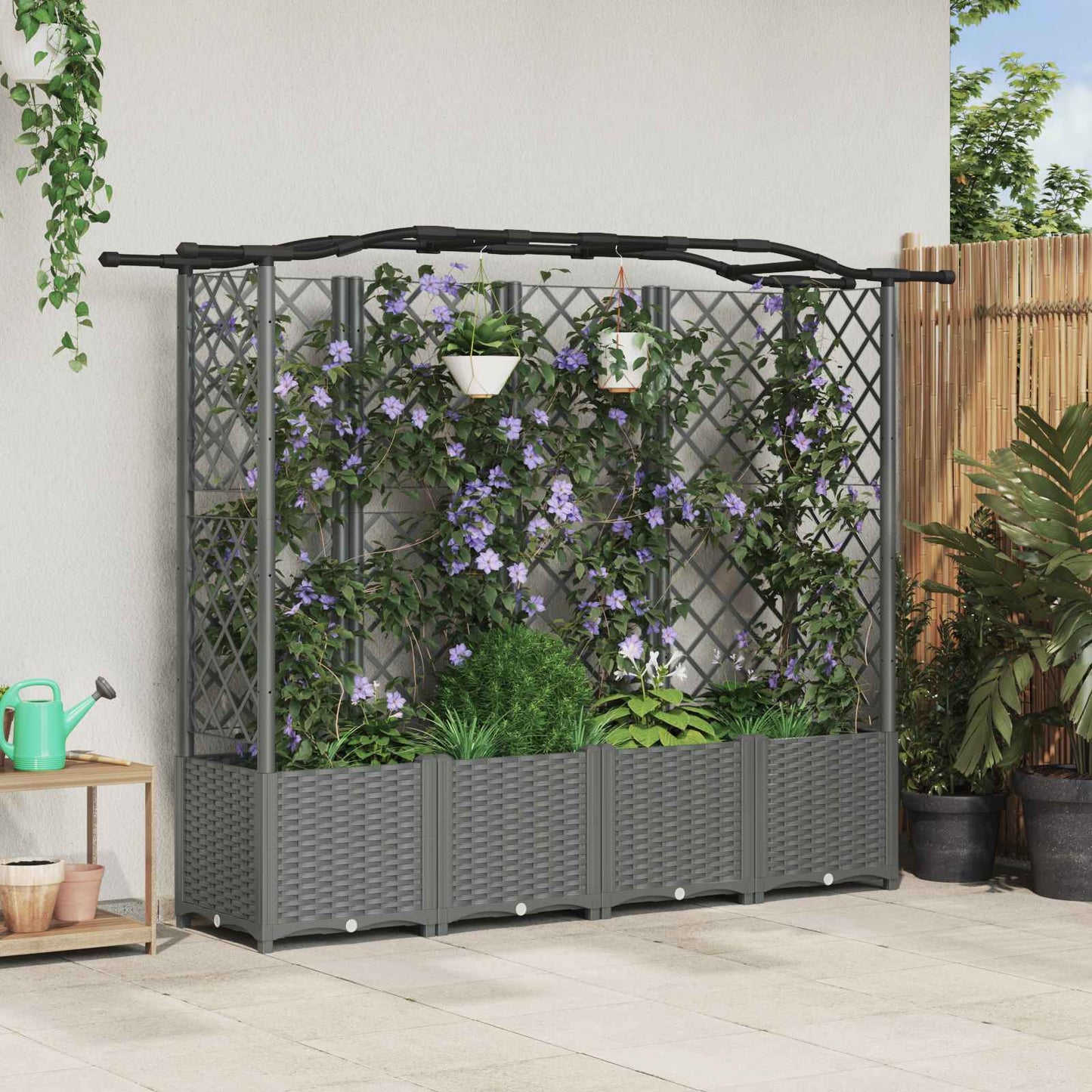 Hevet Bed med Trellis og Tak Lysegrå 204 x 40 x 138 cm PP