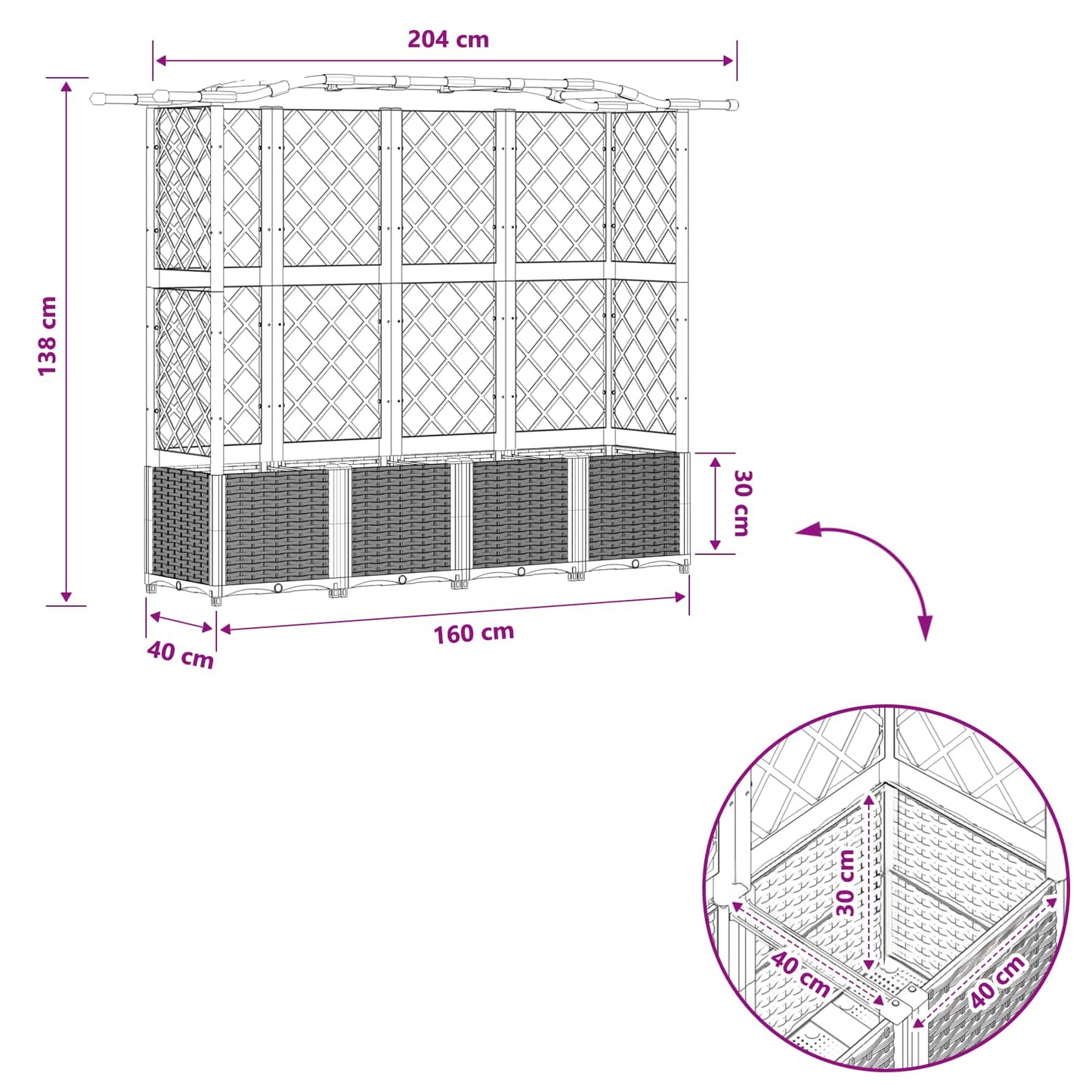 Hevet Bed med Trellis og Tak Lysegrå 204 x 40 x 138 cm PP