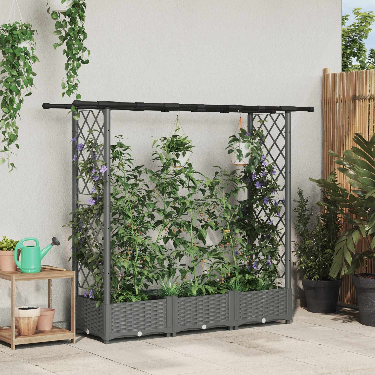 Hevet Bed med Trellis og Tak Lysegrå 164 x 40 x 123 cm PP