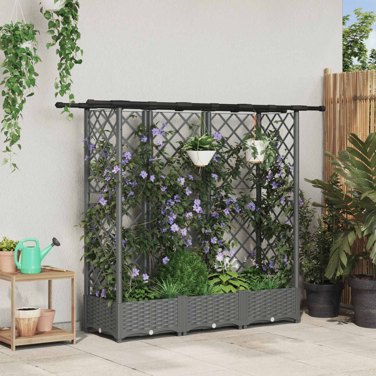 Hevet Bed med Trellis og Tak Lysegrå 164 x 40 x 121 cm PP