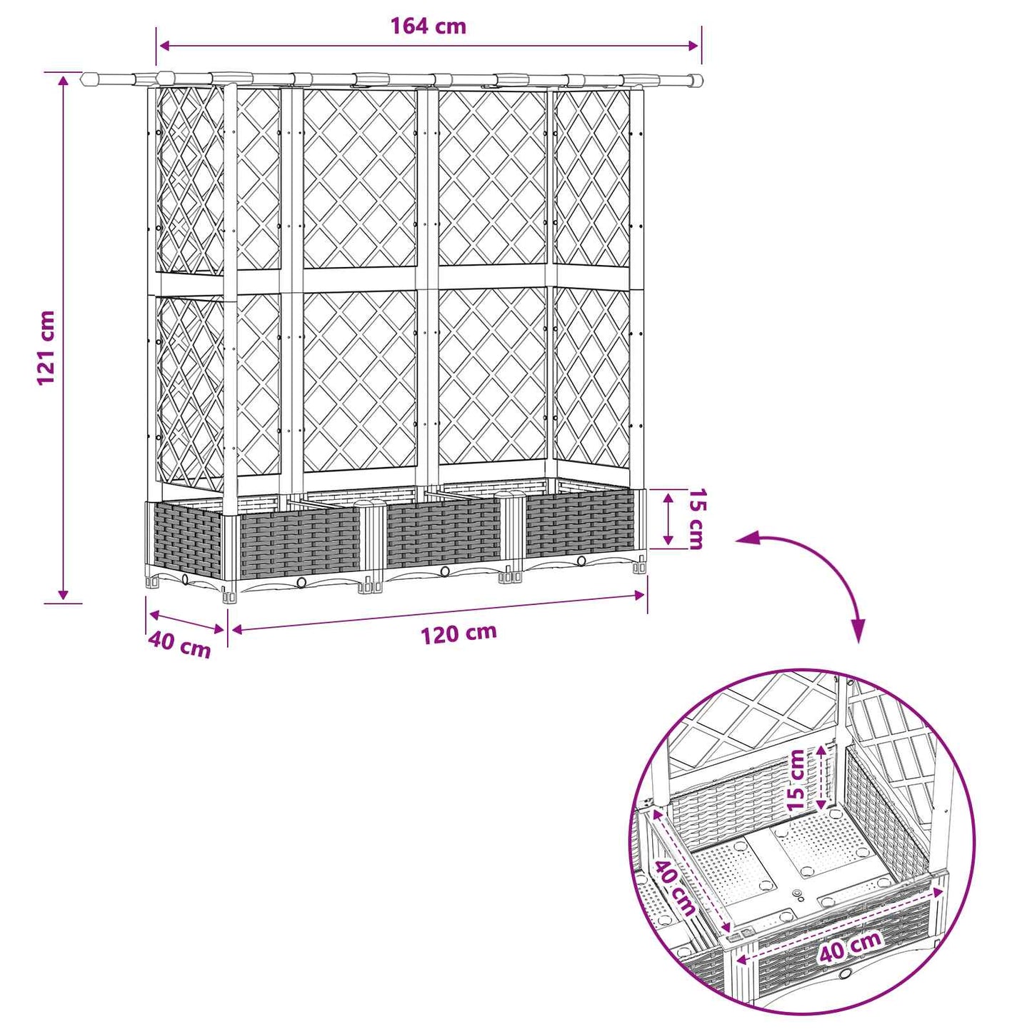 Hevet Bed med Trellis og Tak Lysegrå 164 x 40 x 121 cm PP