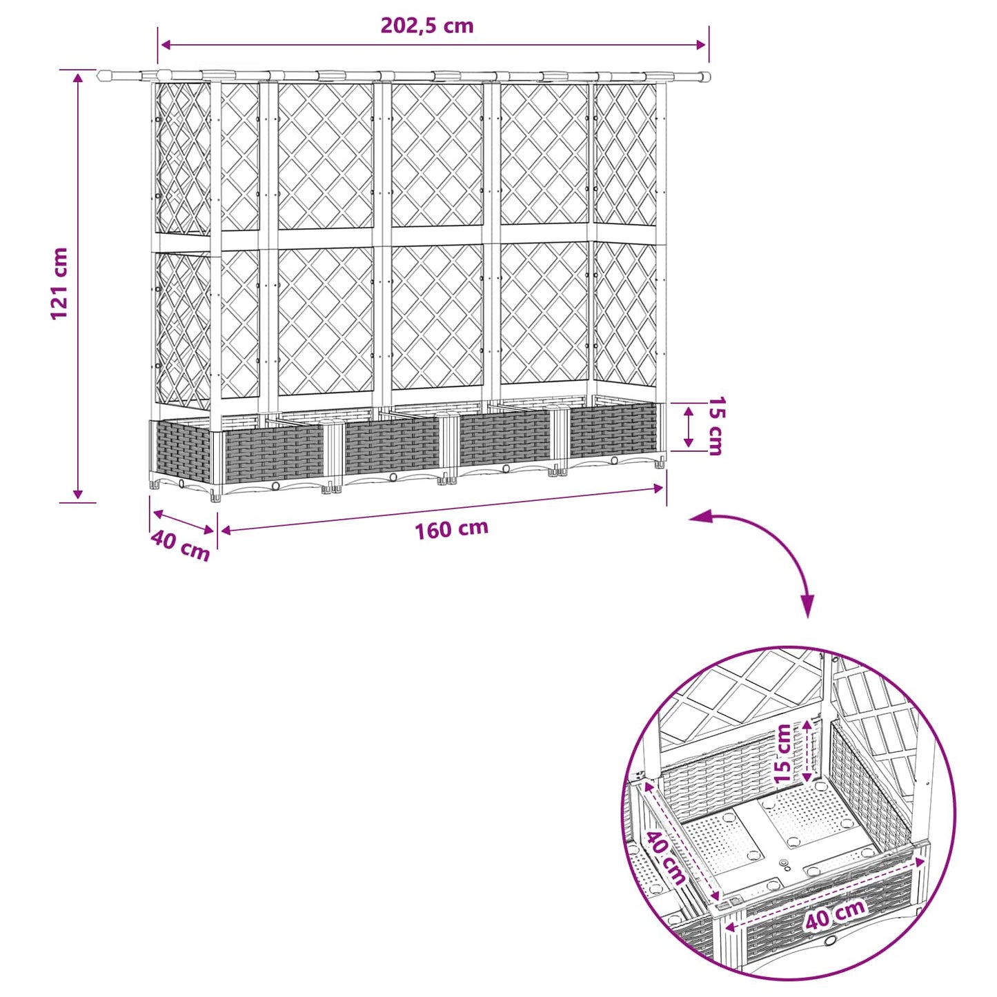 Hevet Bed med Trellis og Tak Lysegrå 202,5 x 40 x 121 cm PP