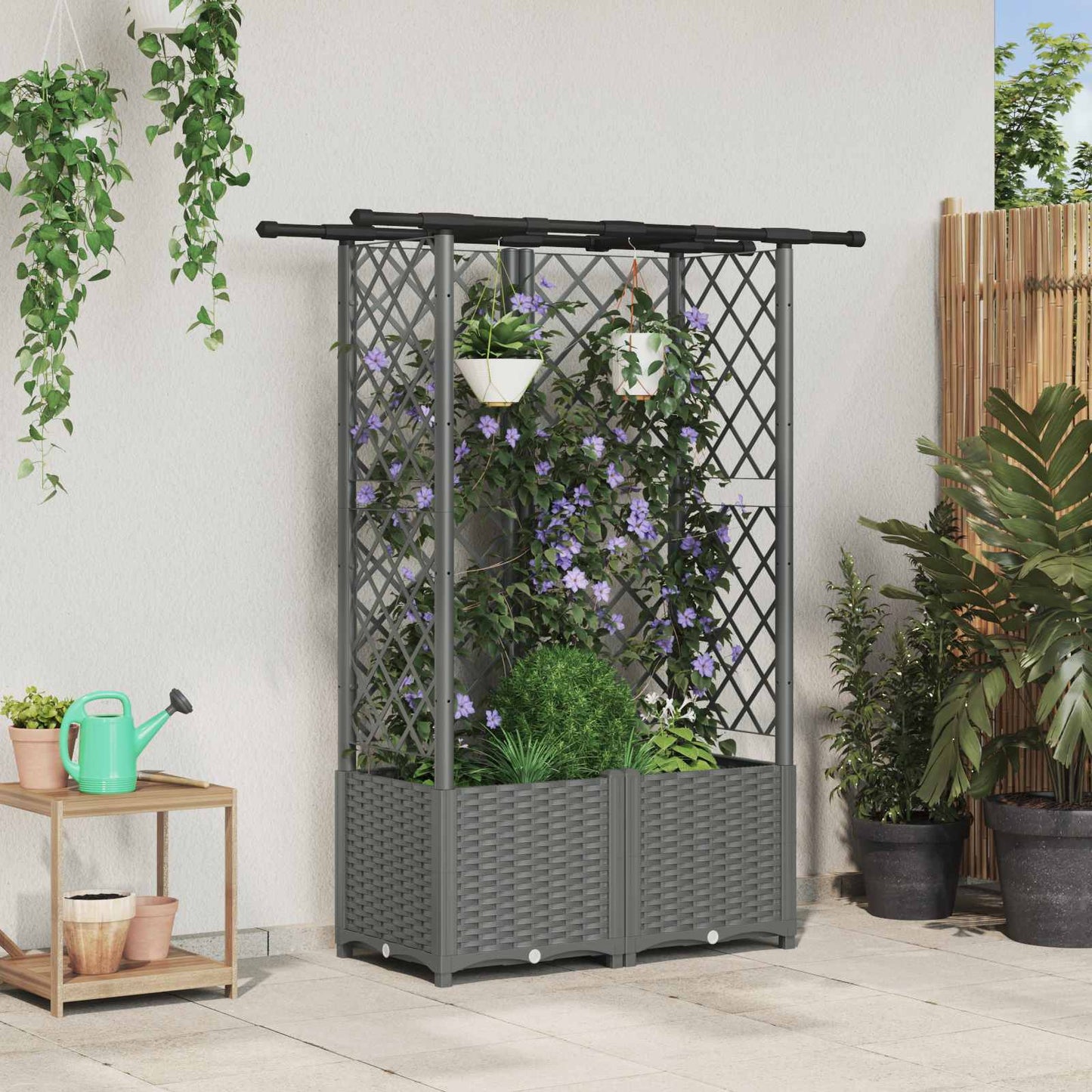 Hevet Bed med Trellis og Tak Lysegrå 124 x 40 x 136 cm PP