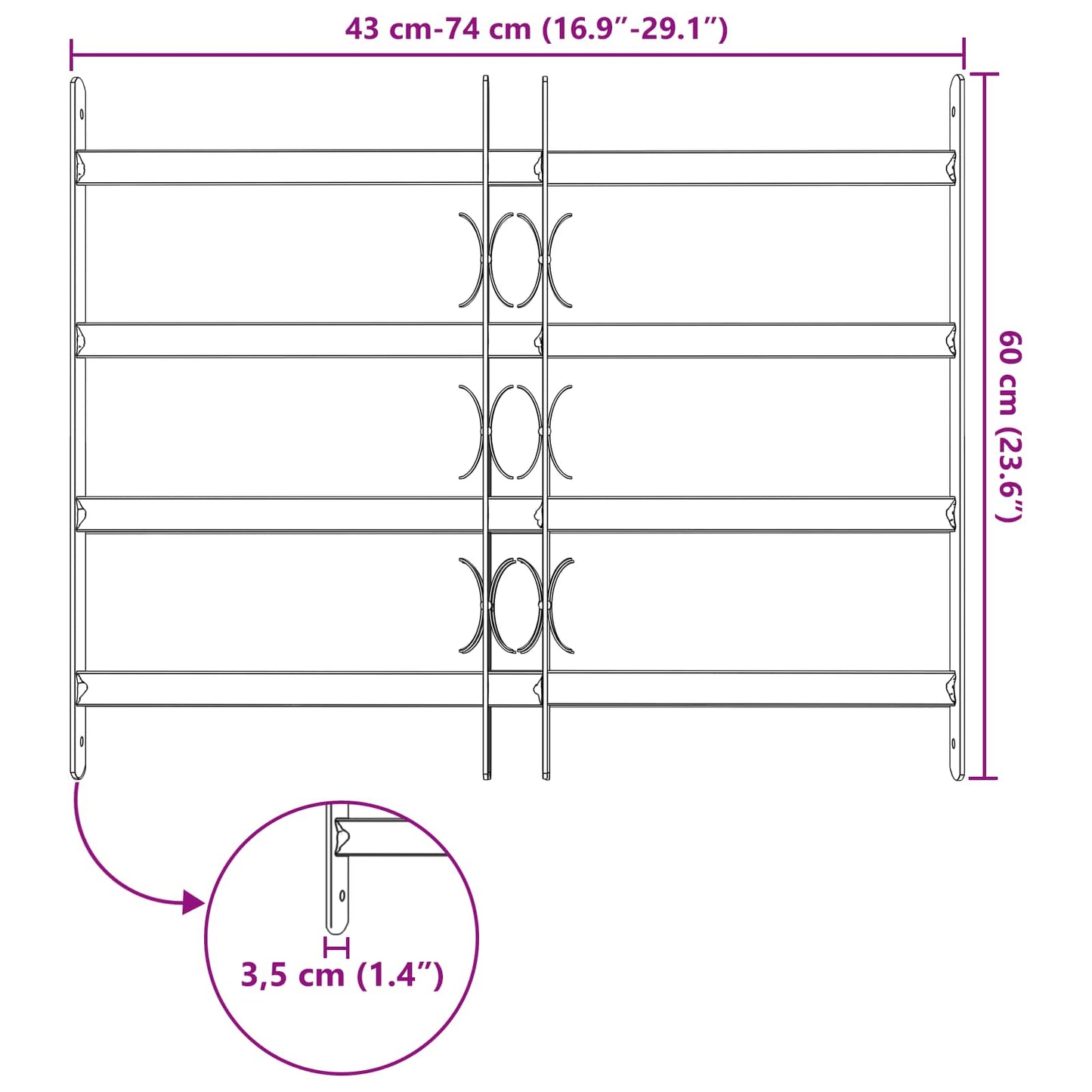Sikkerhetsgitter for vinduer med 4 tverrbjelker 3 pcs