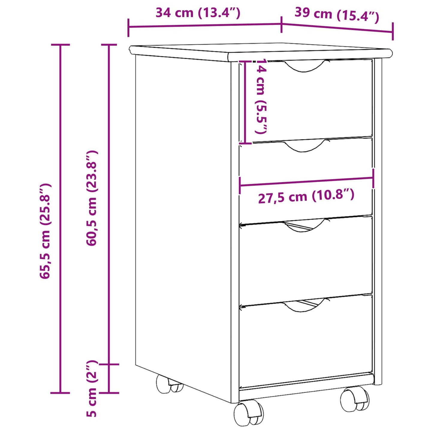 Rullende skap med hjul Brun 65,5 x 34 x 39 cm Massiv furu