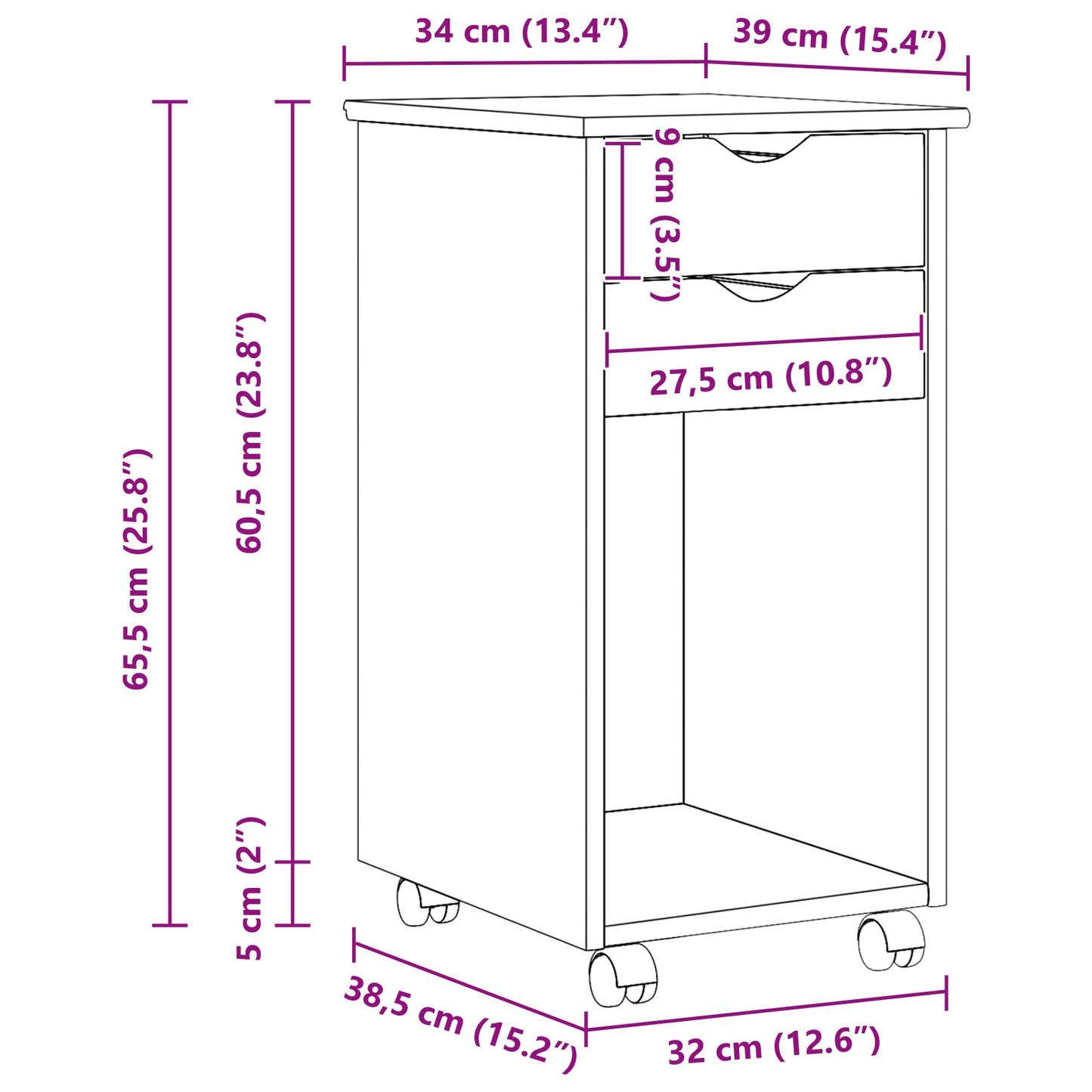 Rullende skap Brun 34 x 39 x 65,5 cm Massiv furu