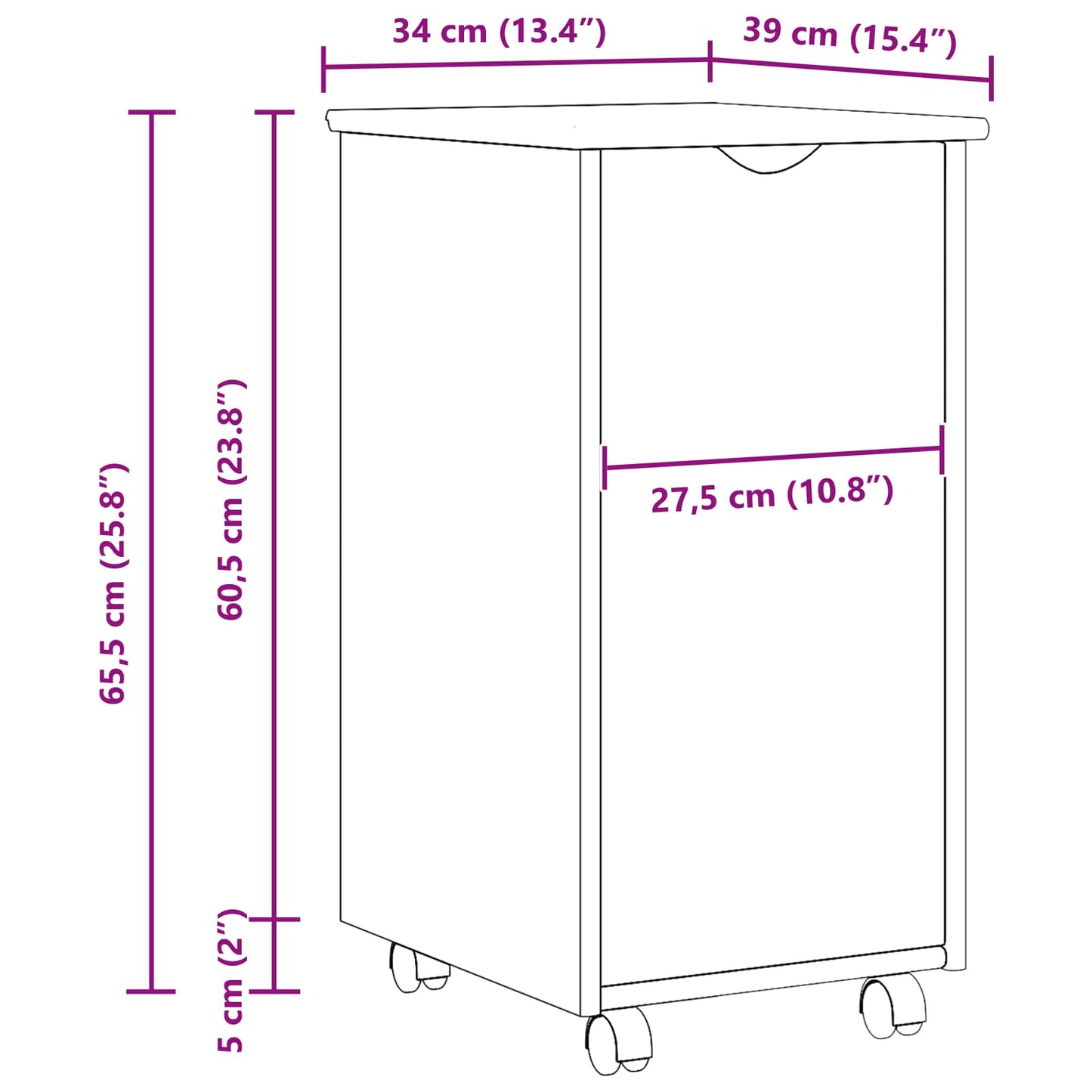 Rullende skap med hjul Brun 34 x 39 x 65,5 cm Massiv furu