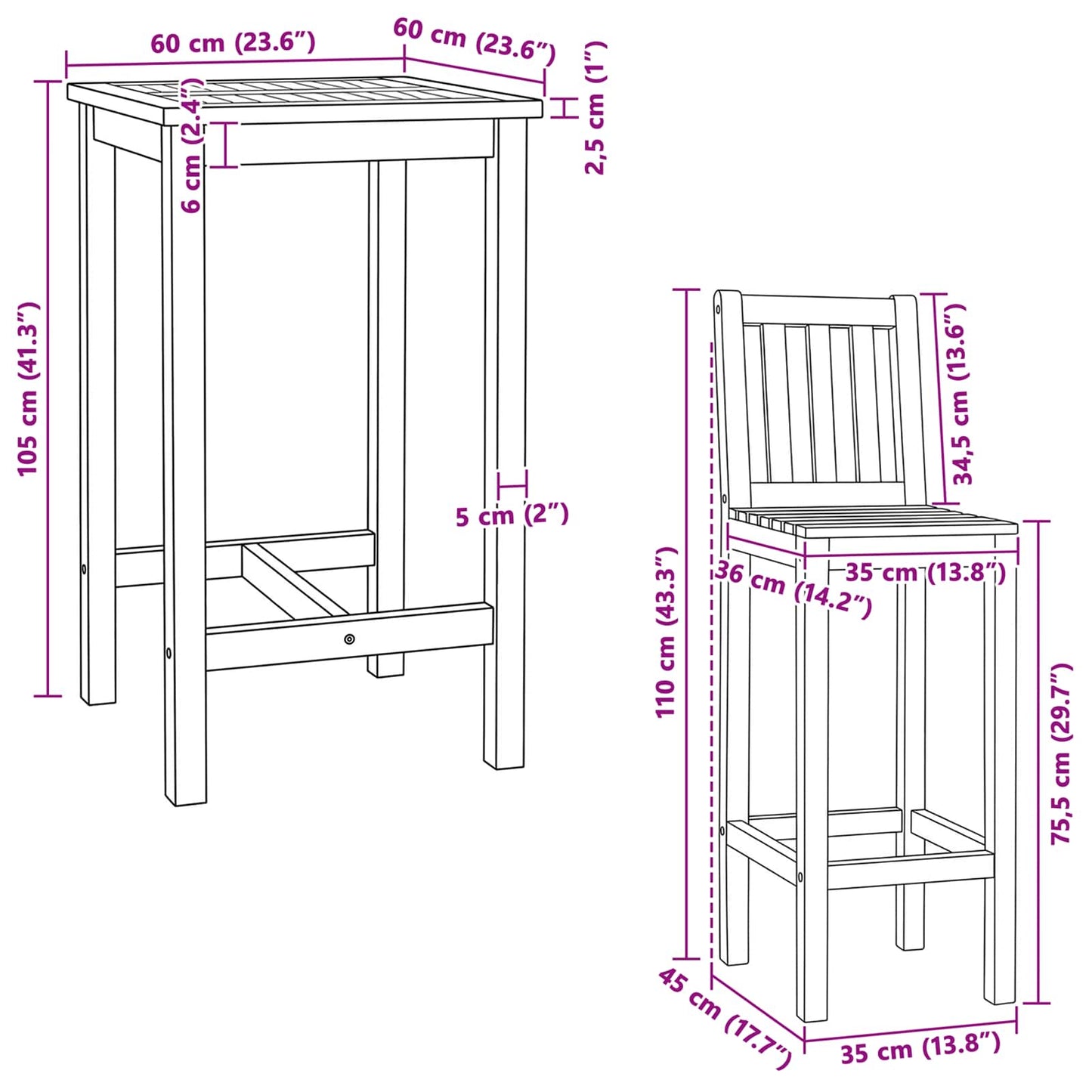 Ute Barsett 3 pcs Ubehandlet Massivt Teaktre