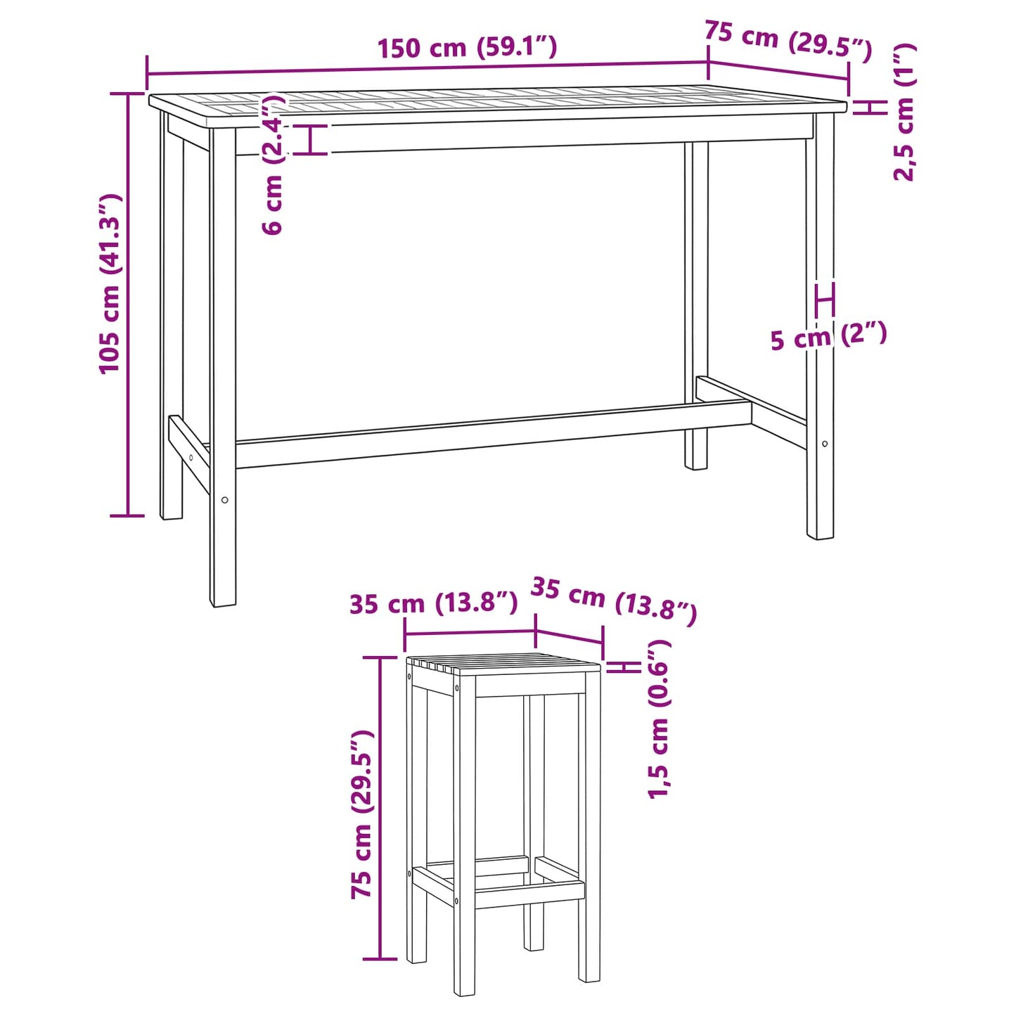 Ute Barsett 7 pcs Naturlig Massivt Teaktre