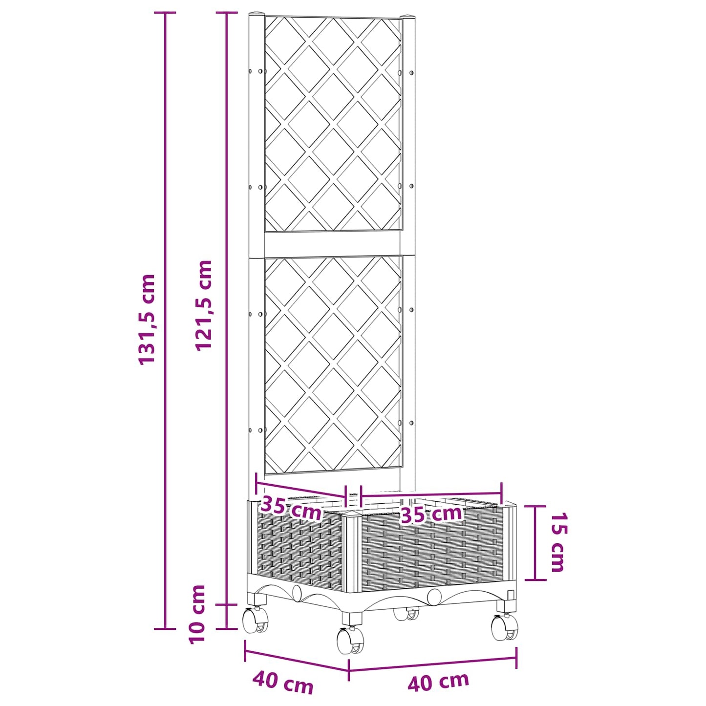 Hageplanter med espalier og hjul Lysegrå 40 x 40 x 131,5 cm PP