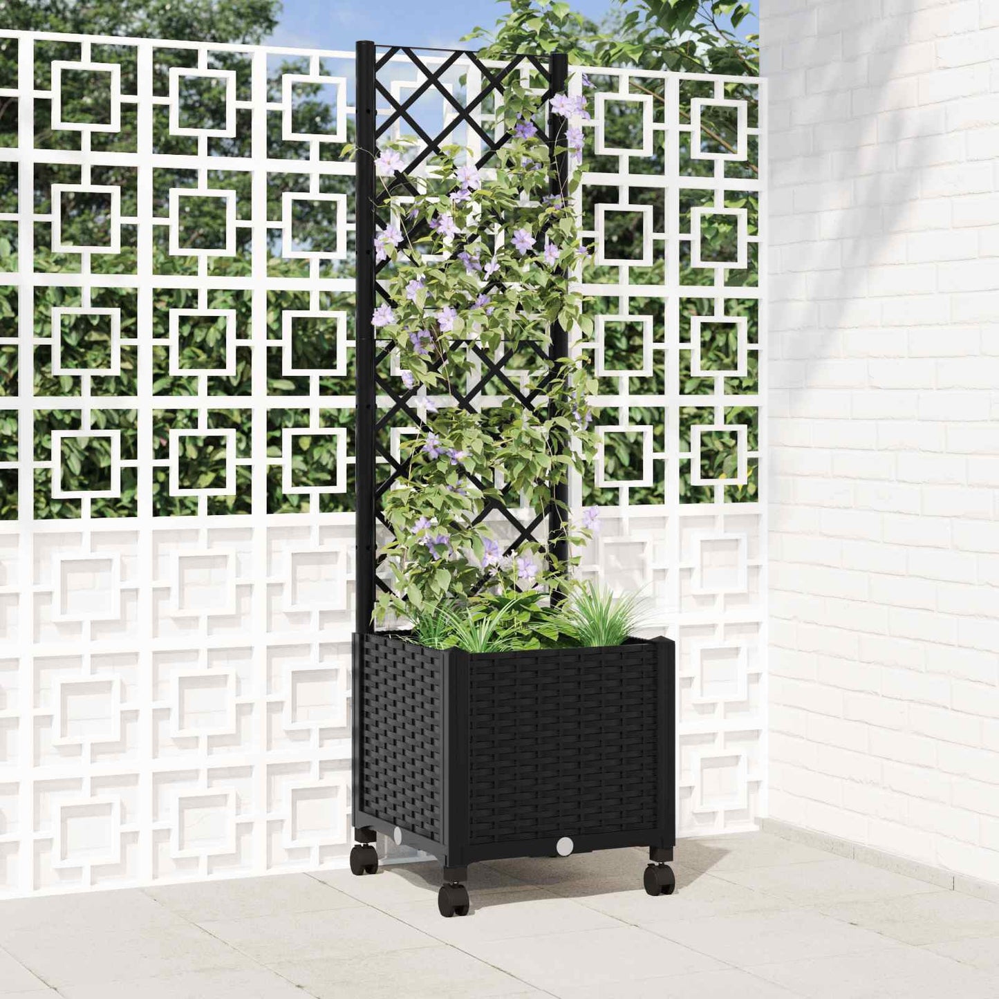 Hageplanter med espalier og hjul Svart 40 x 40 x 146 cm PP