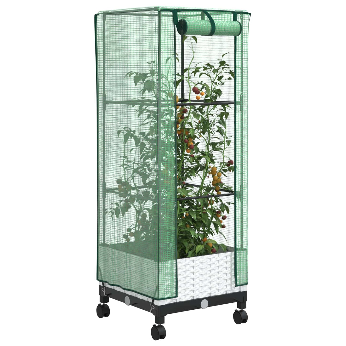 Hageplantekasse med drivhusdeksel og hjul Hvit 40 x 40 x 129 cm
