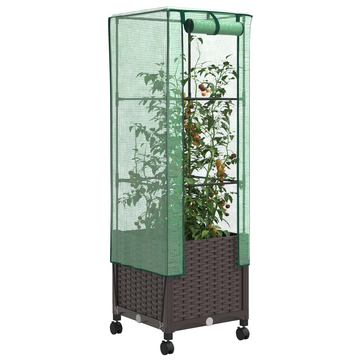 Hageplantekasse med drivhusdeksel og hjul Brun 40 x 40 x 145 cm