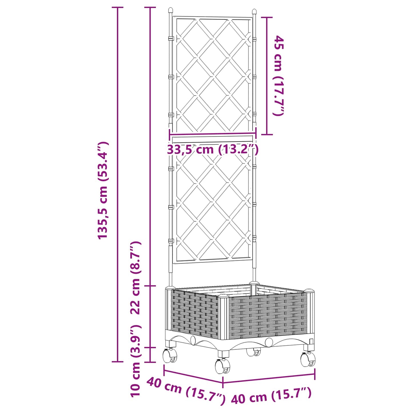 Hageplanter med espalier og hjul Svart 40 x 40 x 131,5 cm PP