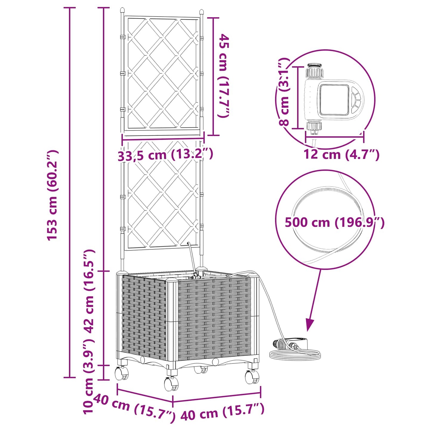 Hageplantekasse med vanning og hjul Brun 40 x 40 x 148 cm PP
