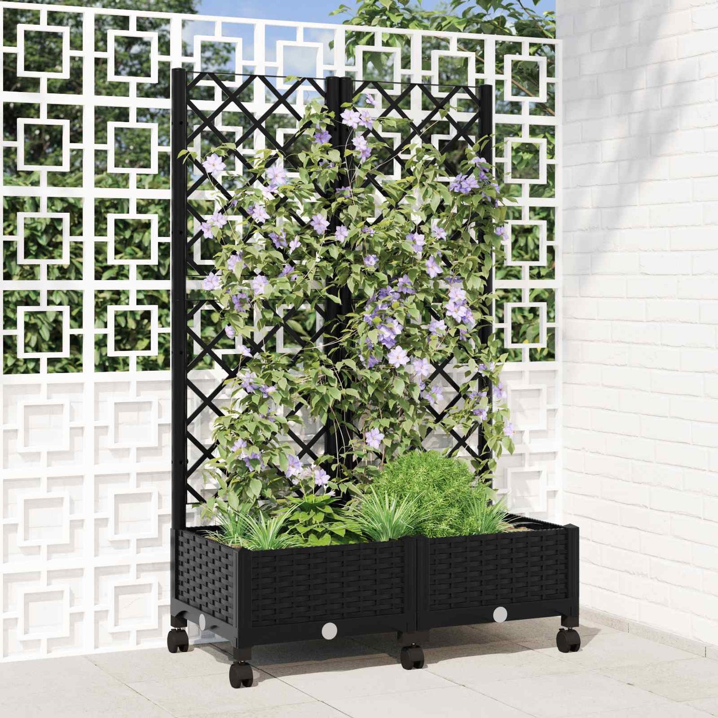 Hageplanter med espalier og hjul Svart 80 x 40 x 131,5 cm PP