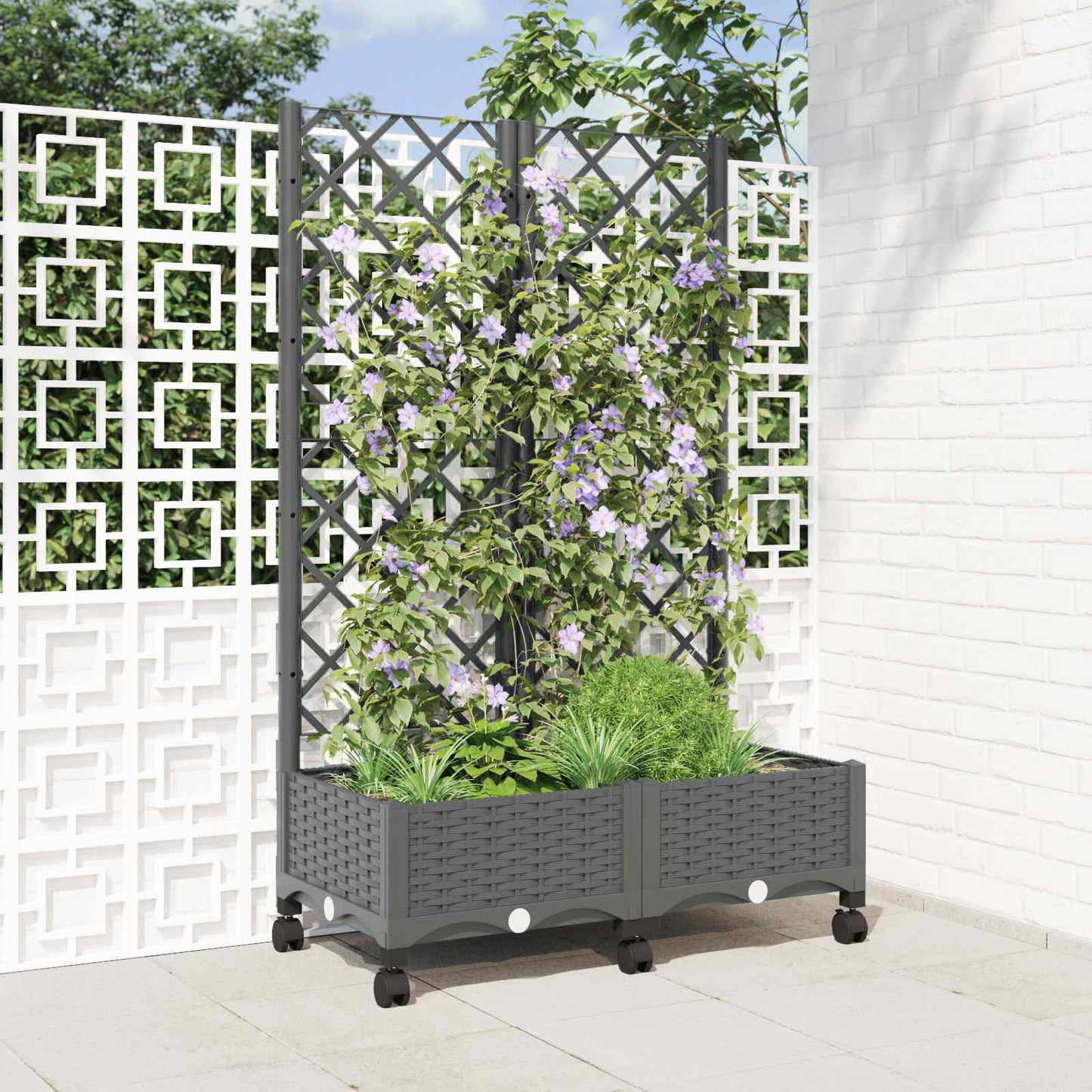 Hageplanter med espalier og hjul Lysegrå 80 x 40 x 131,5 cm PP