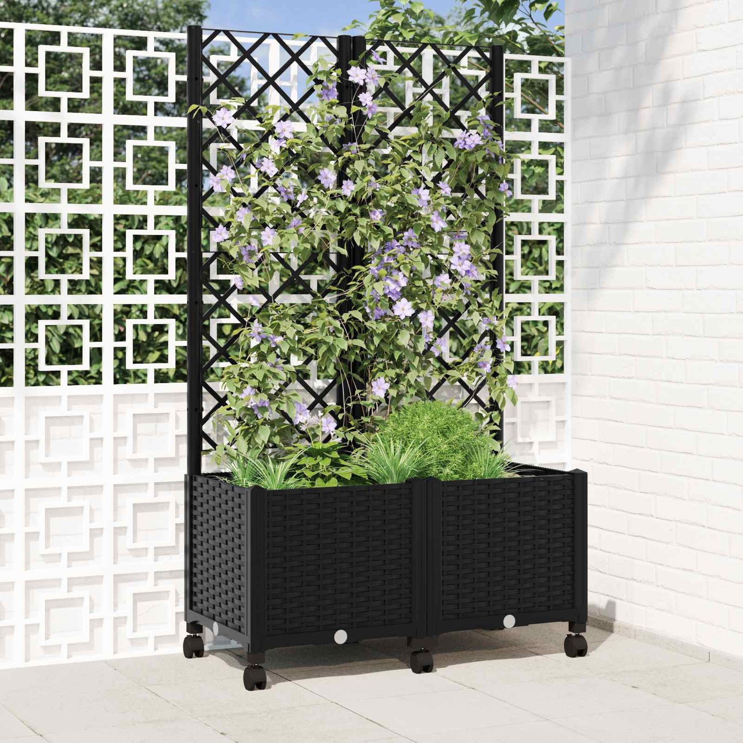 Hageplanter med espalier og hjul Svart 80 x 40 x 146 cm PP