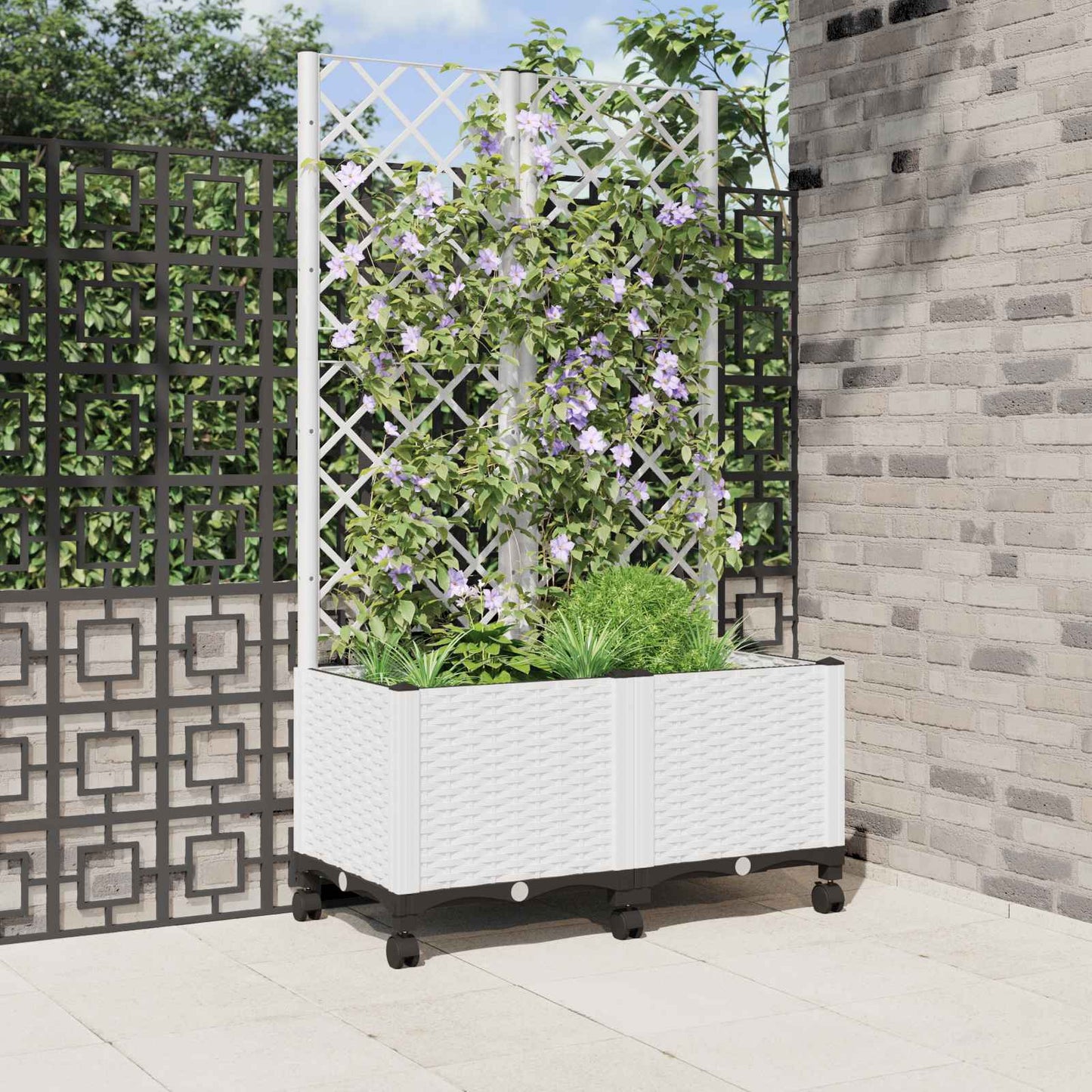 Hageplanter med espalier og hjul Hvit 80 x 40 x 146 cm PP