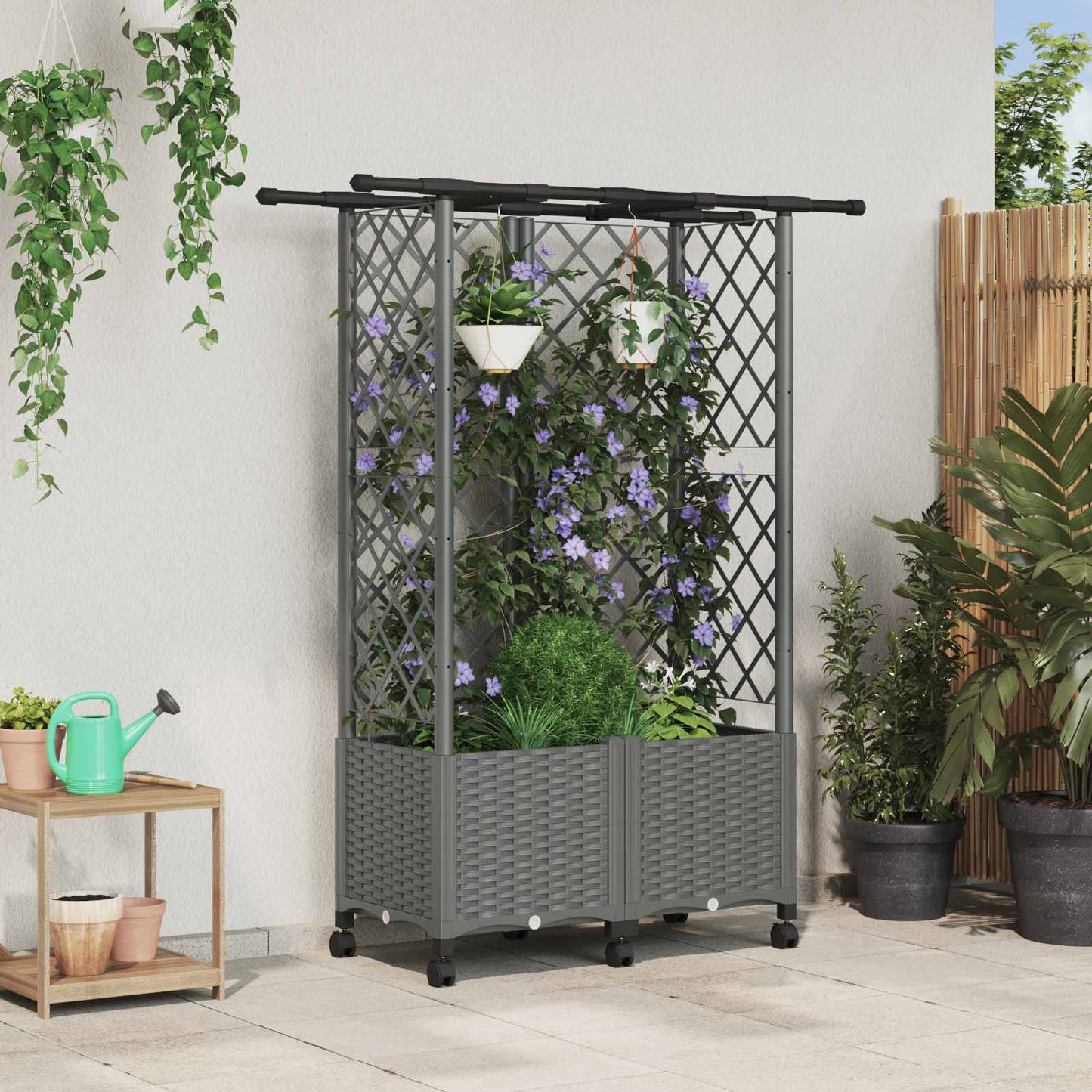Hevet Bed med Trellis og Tak Lysegrå 124 x 40 x 142 cm PP