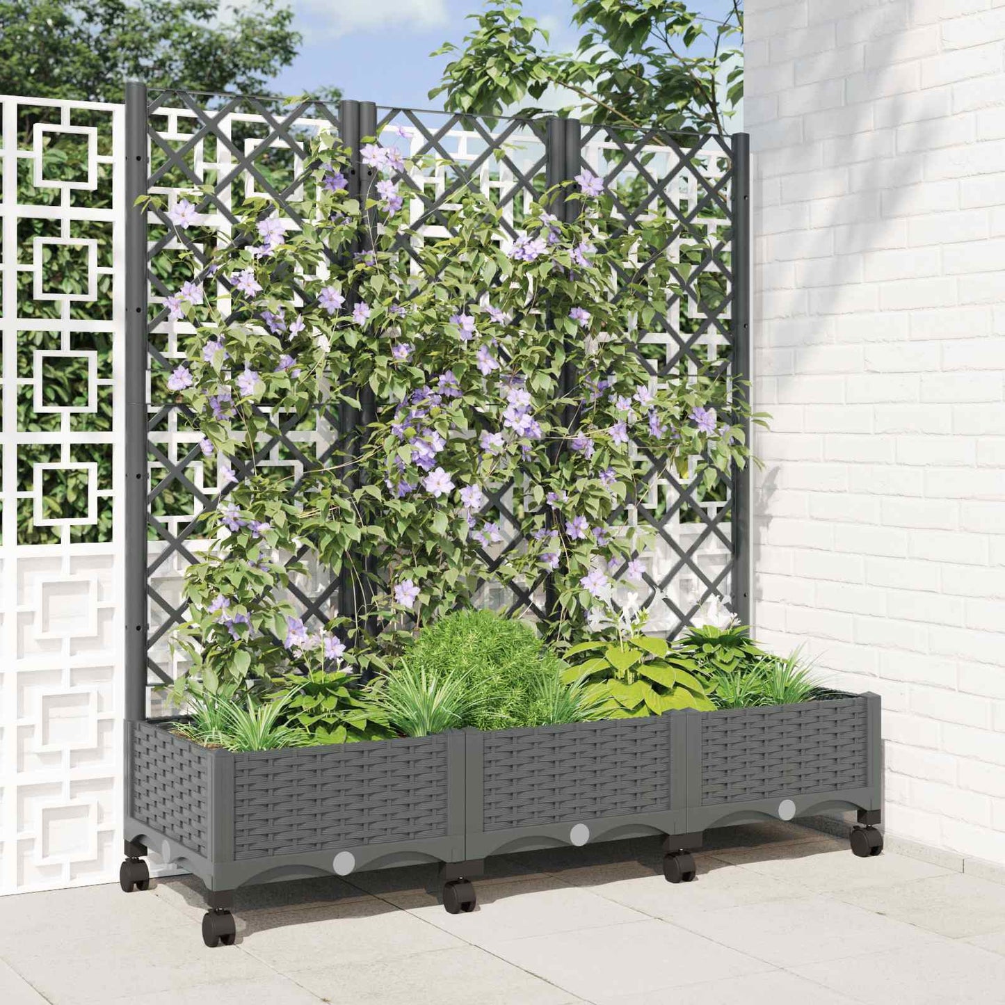 Hageplanter med espalier og hjul Lysegrå 120 x 40 x 131,5 cm PP