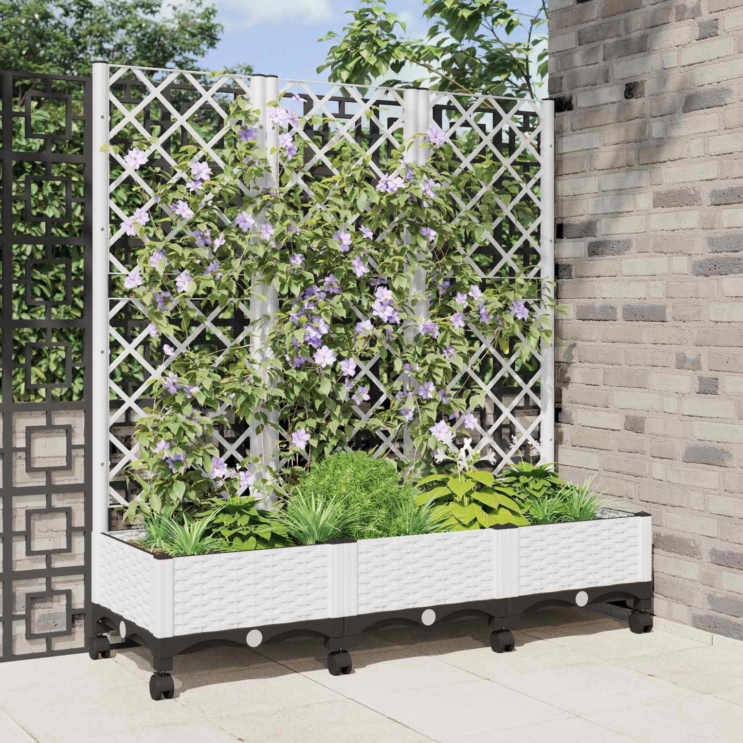 Hageplanter med espalier og hjul Hvit 120 x 40 x 131,5 cm PP