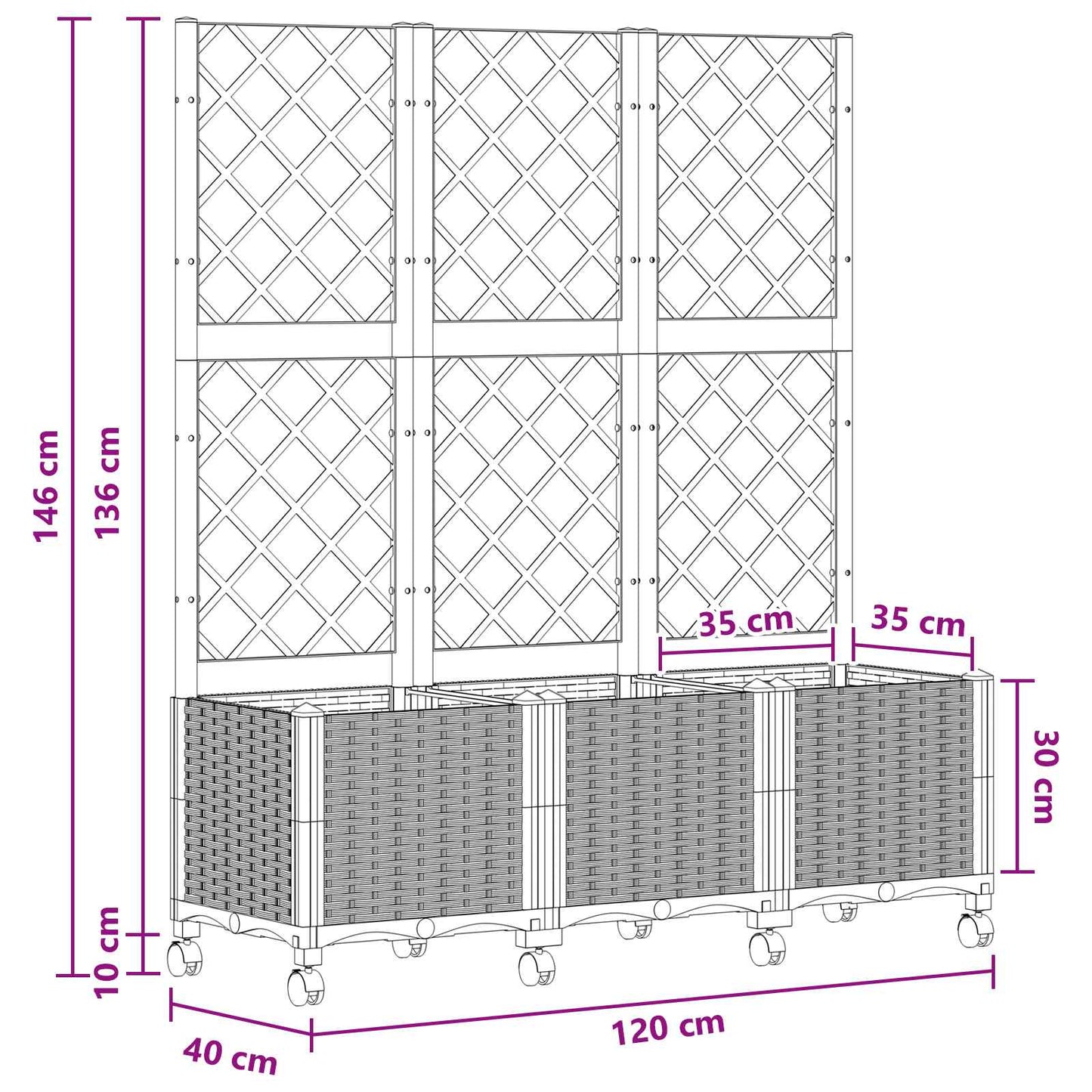 Hageplanter med espalier og hjul Lysegrå 120 x 40 x 146 cm PP
