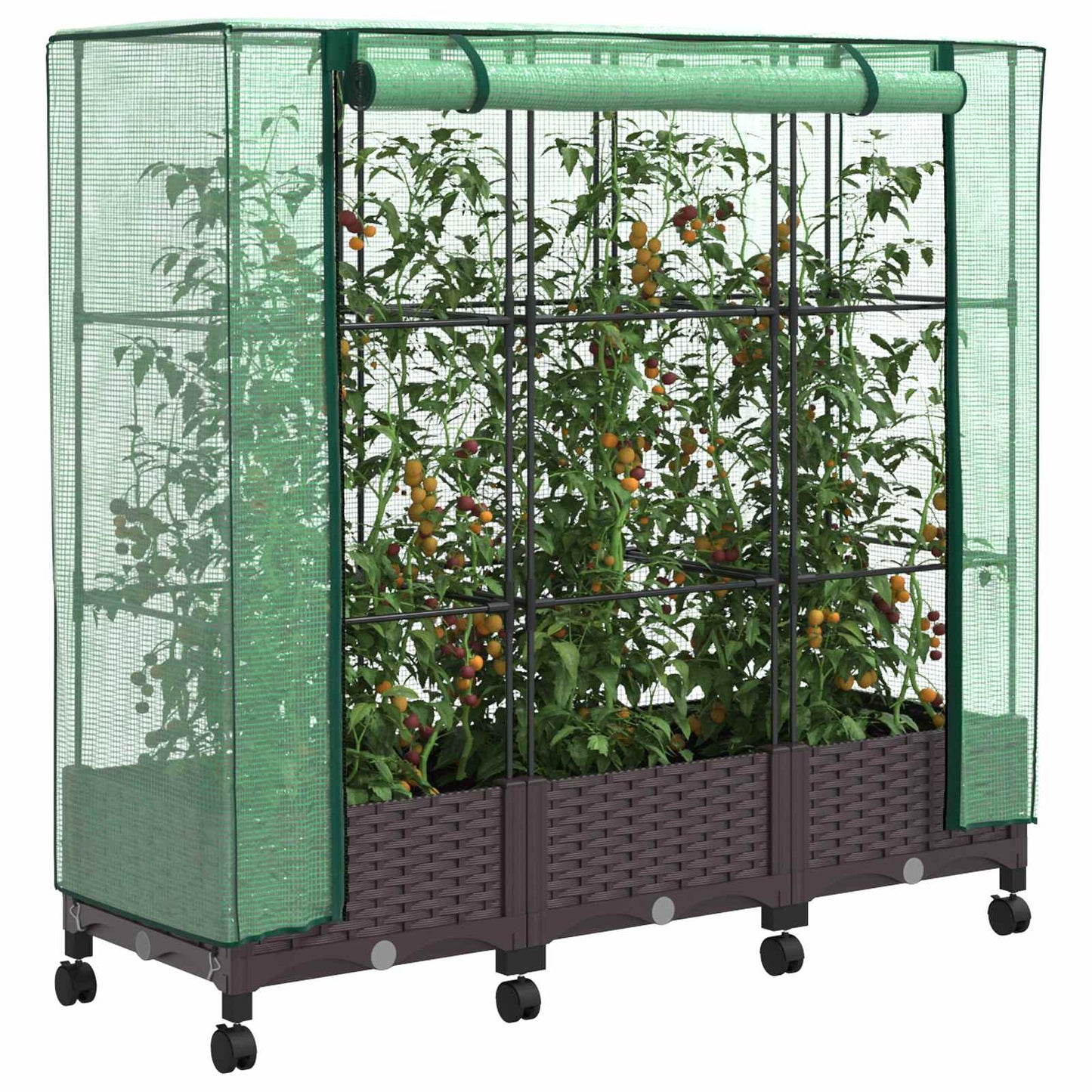 Hageplantekasse med drivhusdeksel og hjul 3 stk. Brun PP