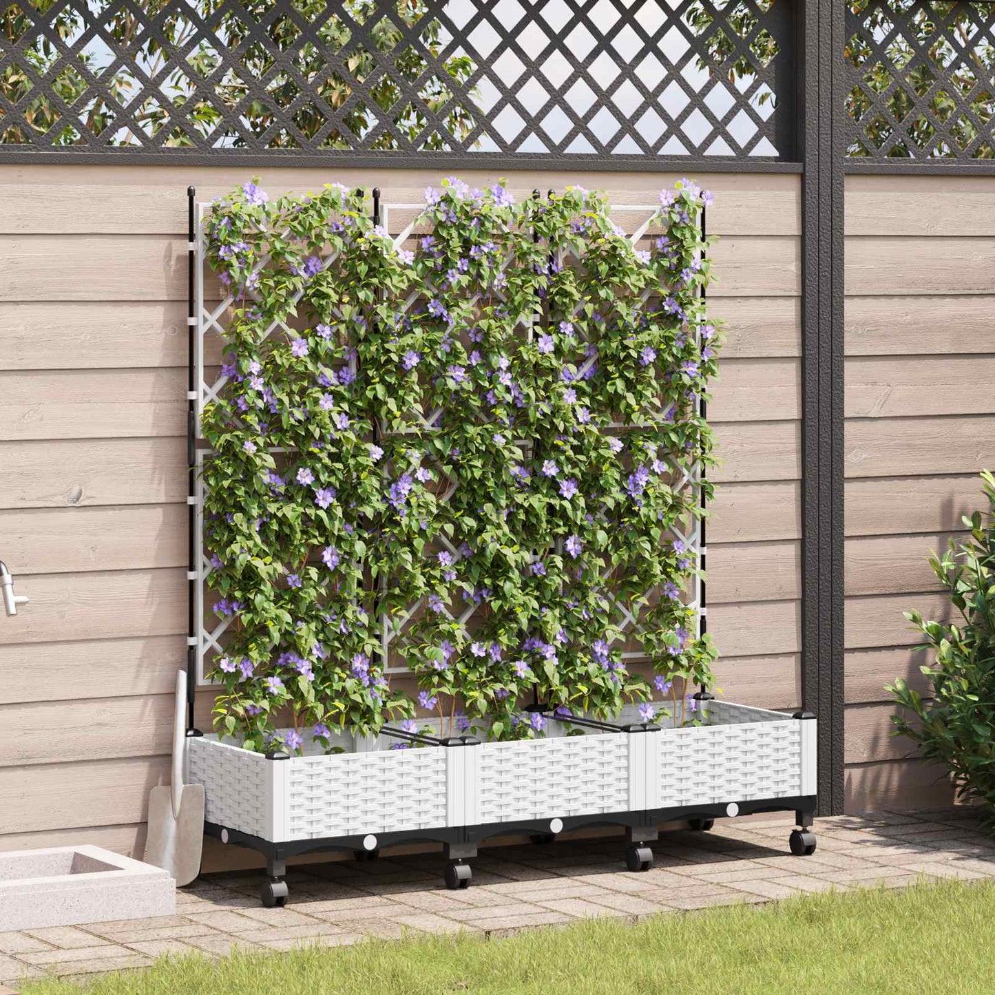 Hageplanter med espalier og hjul 3 stk. Hvit PP
