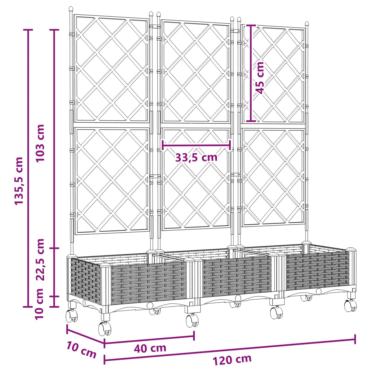 Hageplanter med espalier og hjul 3 stk. Hvit PP